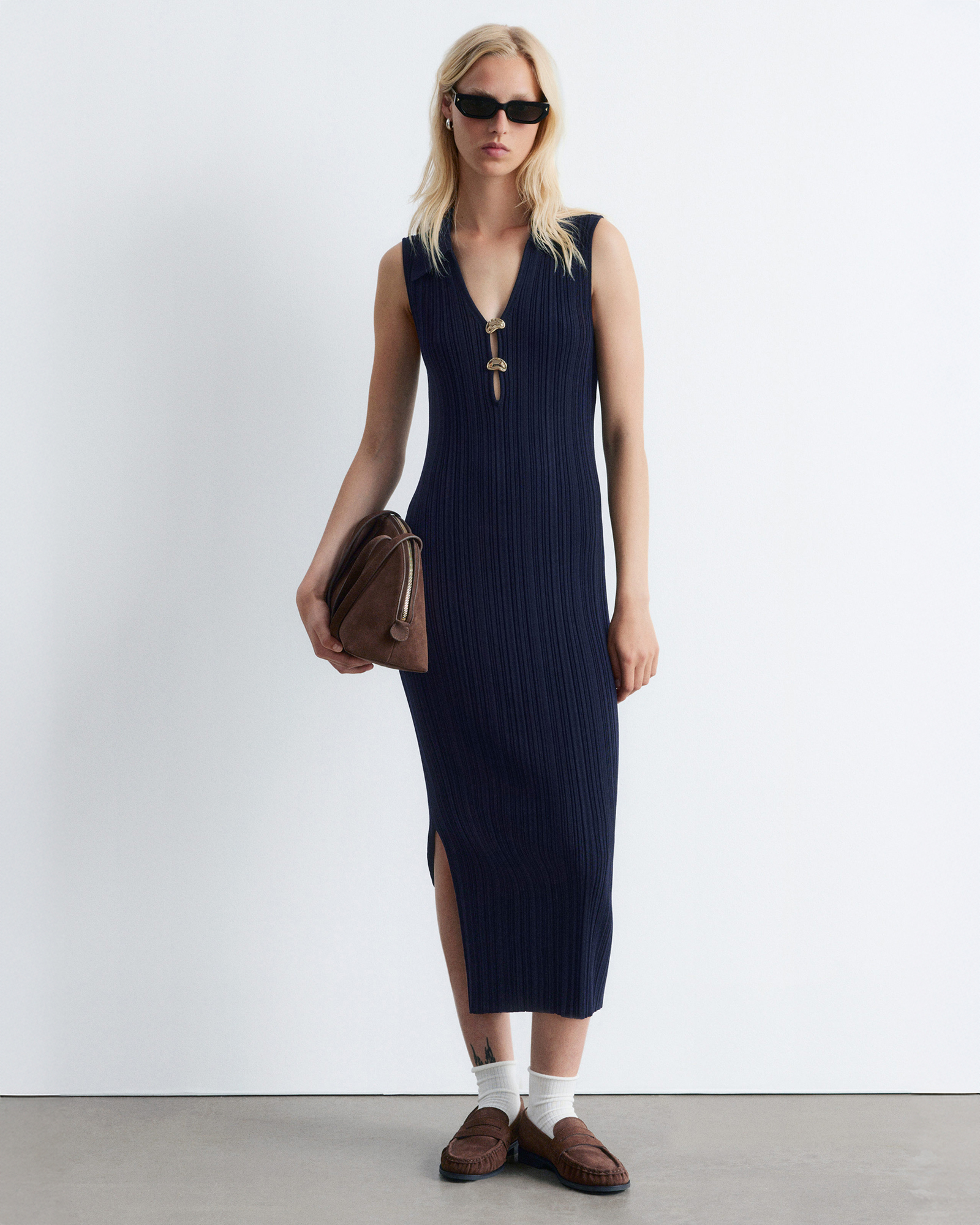 Rib-Knit Collared Midi Dress