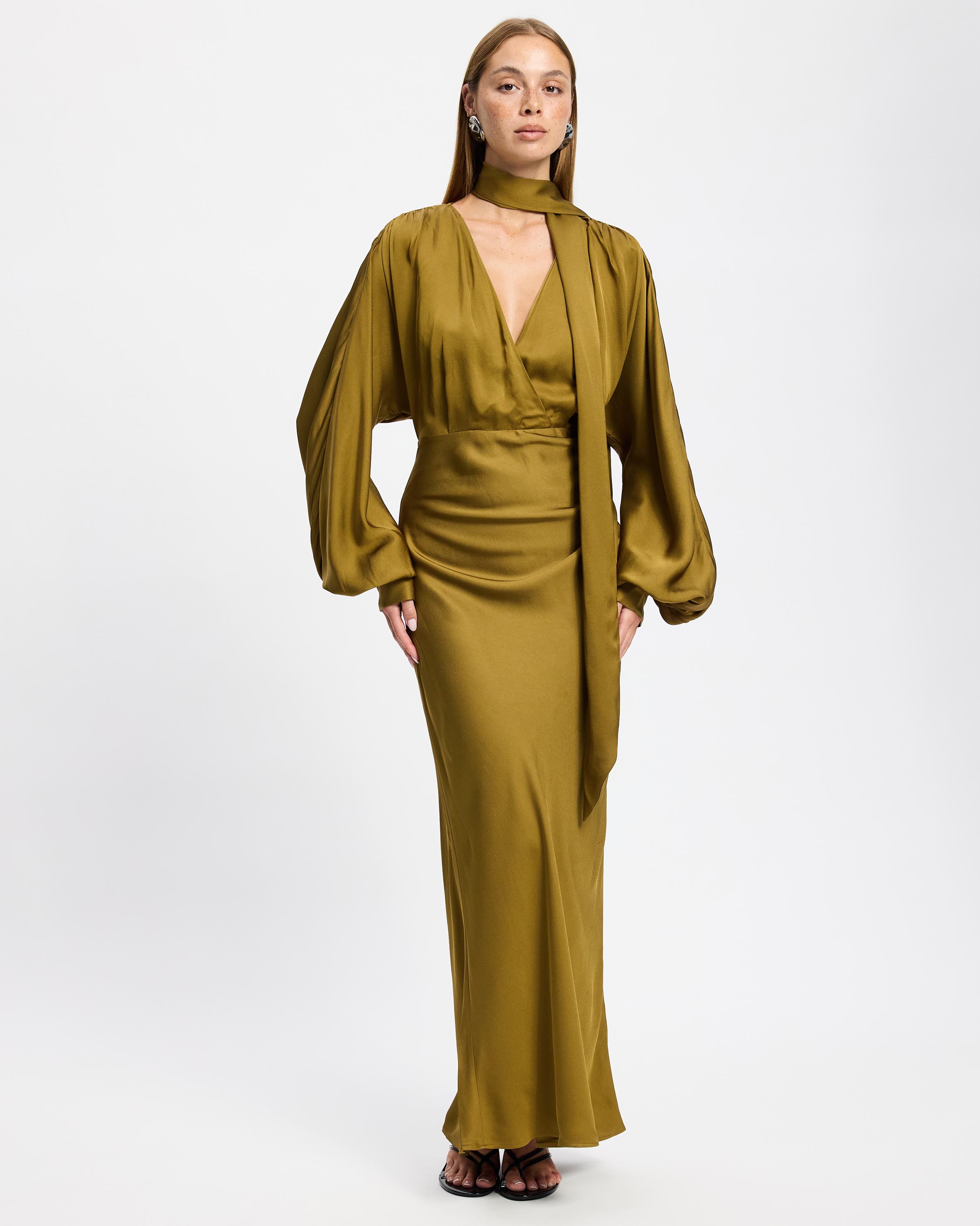 Scarf-Detail Satin Maxi Dress