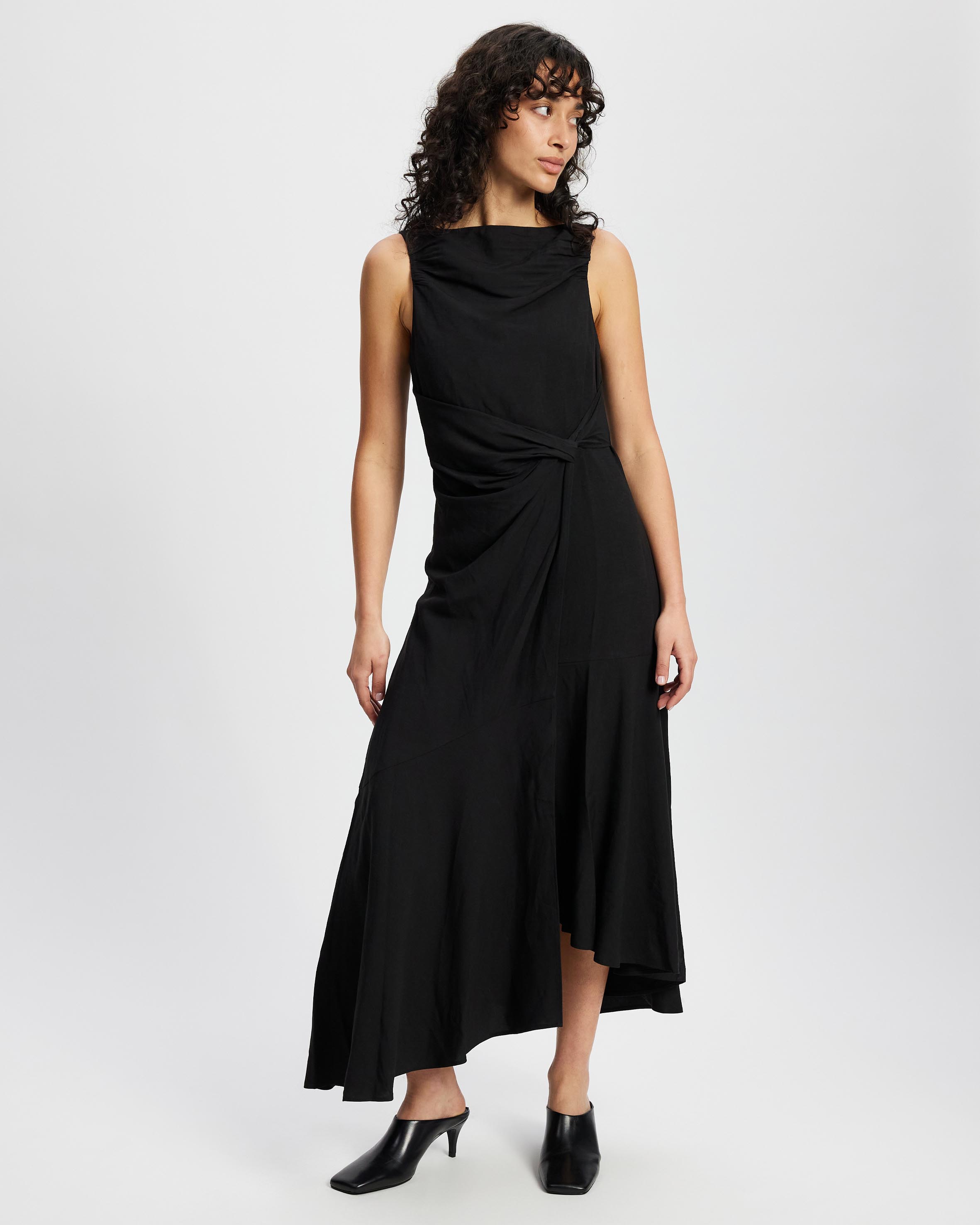 Asymmetric Wrap-Knot Midi Dress
