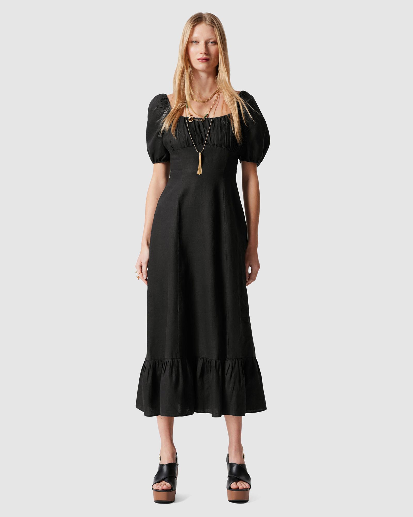 Puff Sleeve Linen Midi Dress