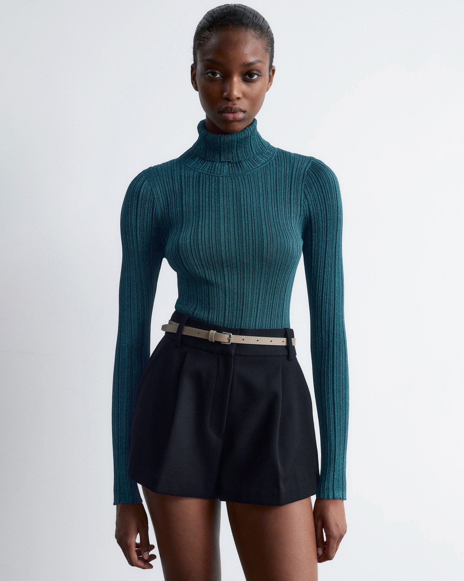 Rib-Knit Lurex Turtleneck