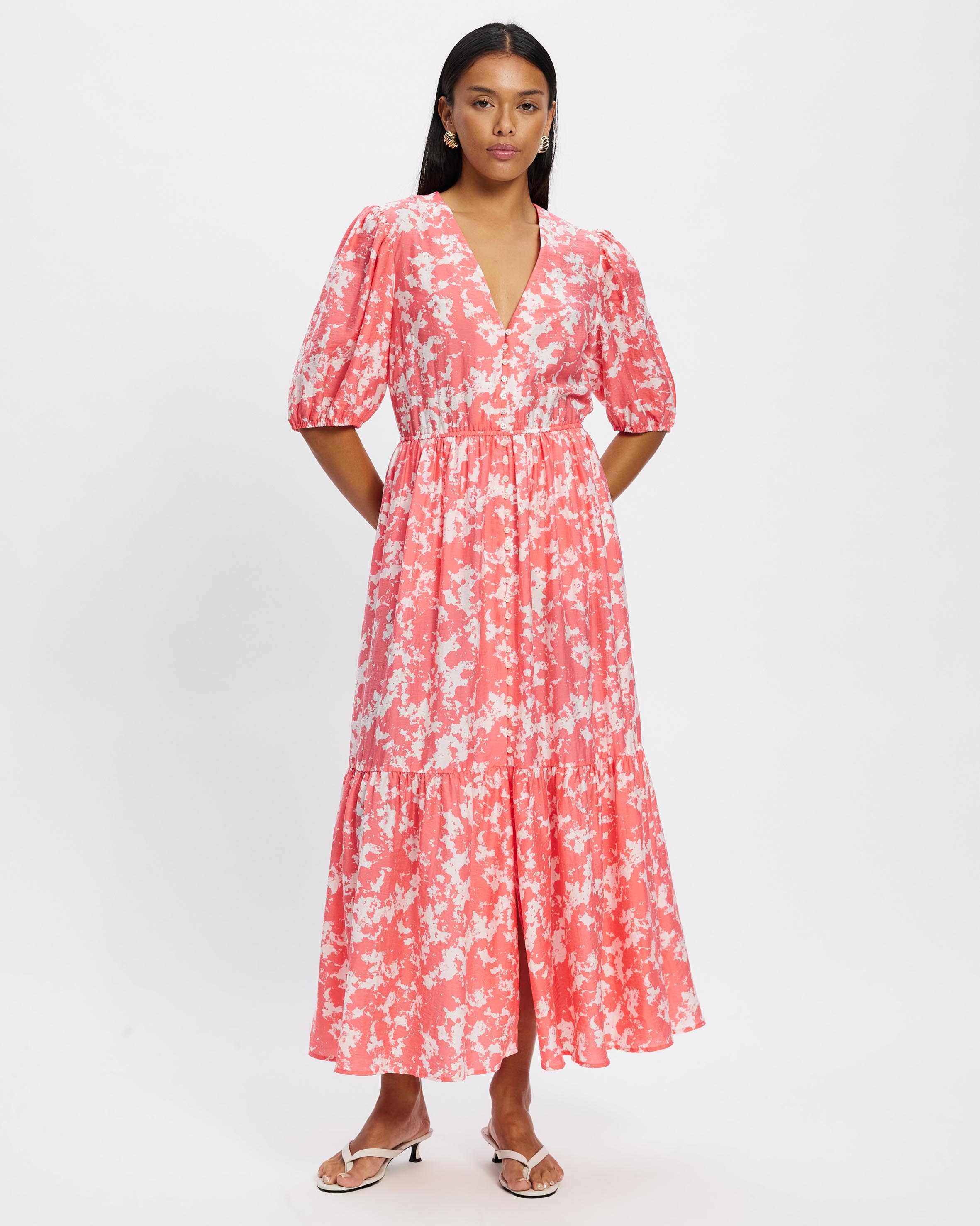 Tiered Puff-Sleeve Maxi Dress