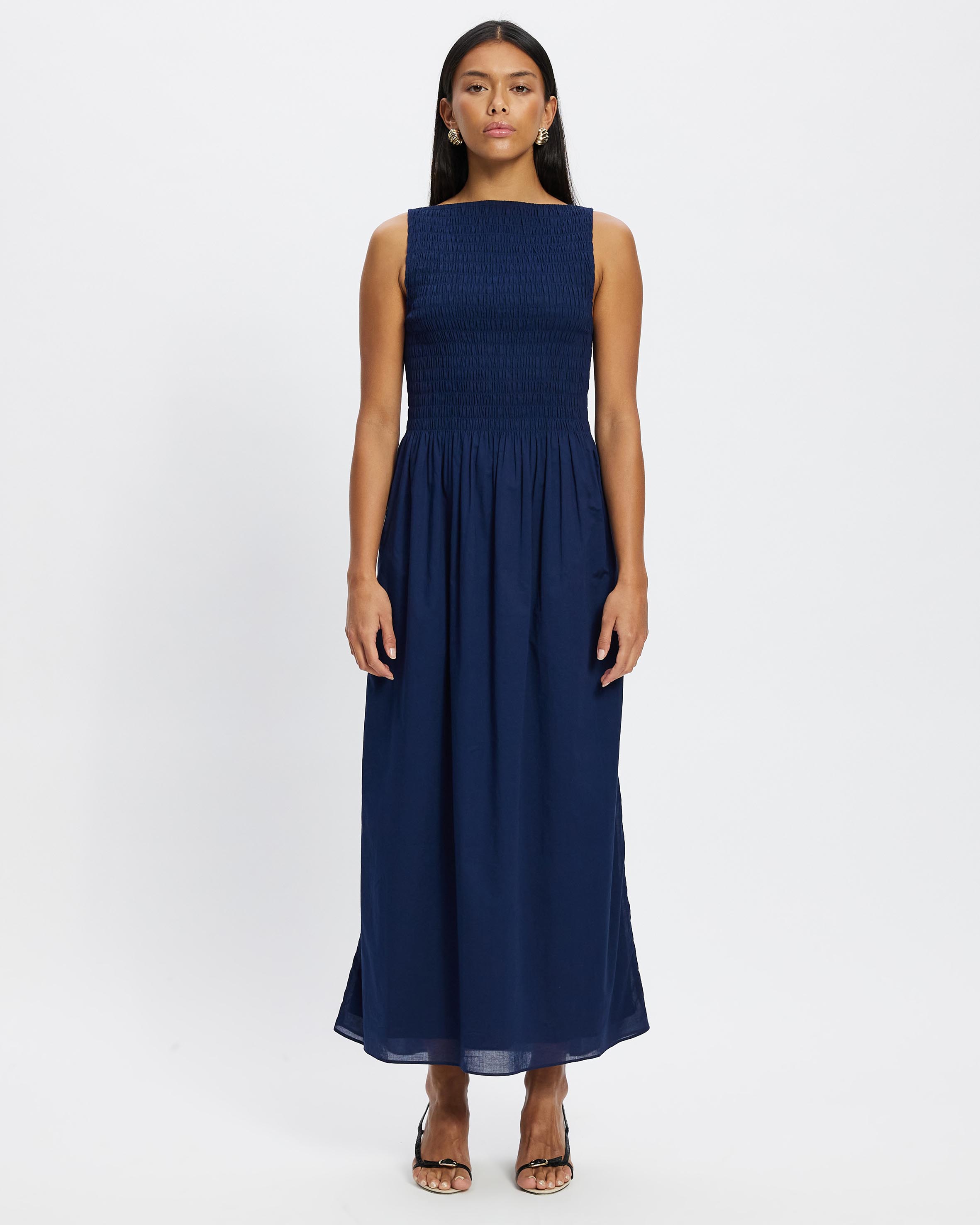 Smocked Boatneck Midi Dress