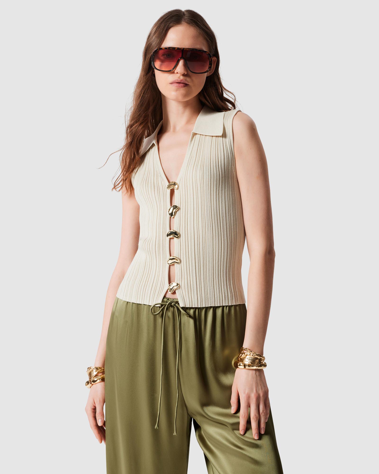 Rib-Knit Collar Tank Top