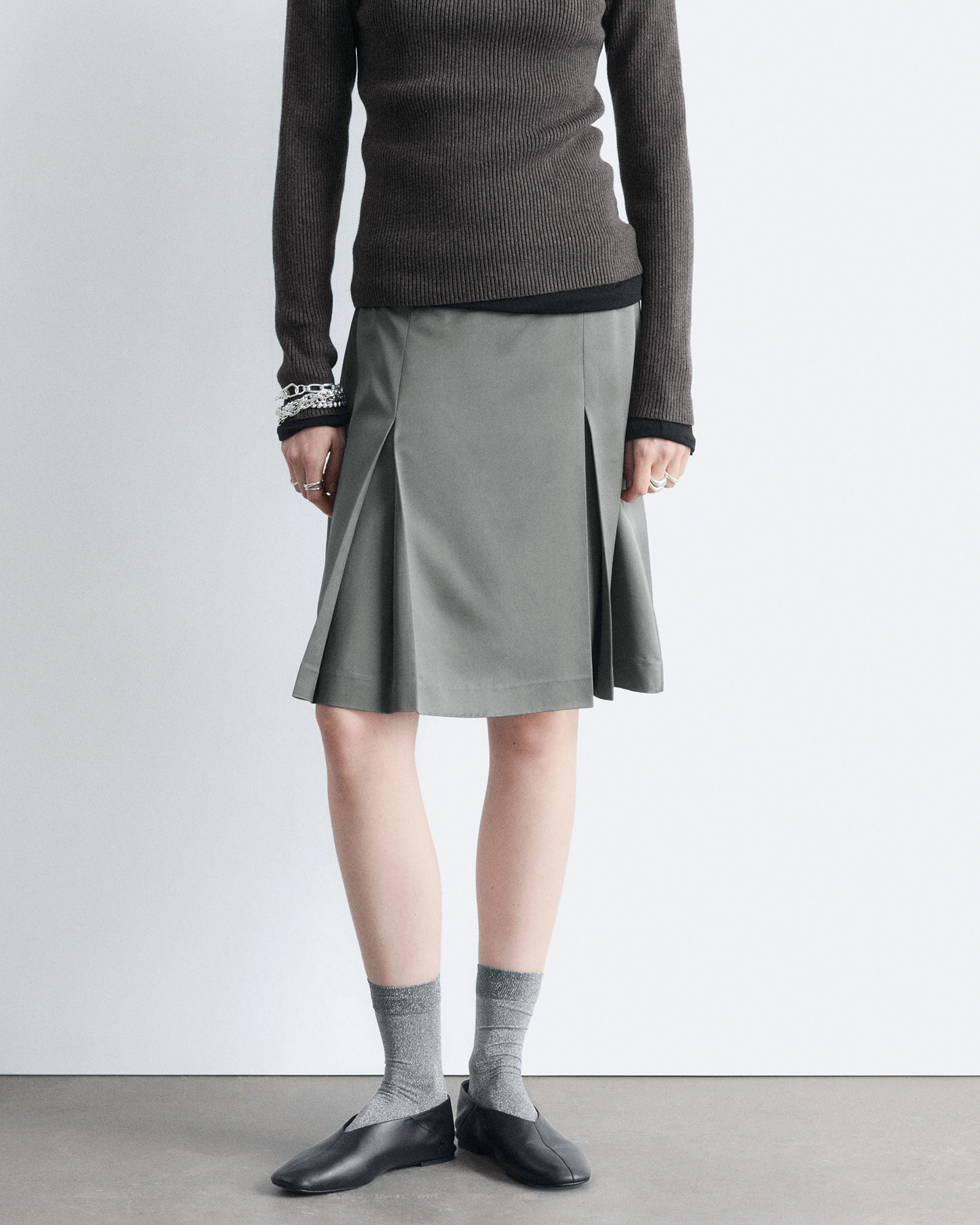 Pleated Knee-Length Satin Skirt