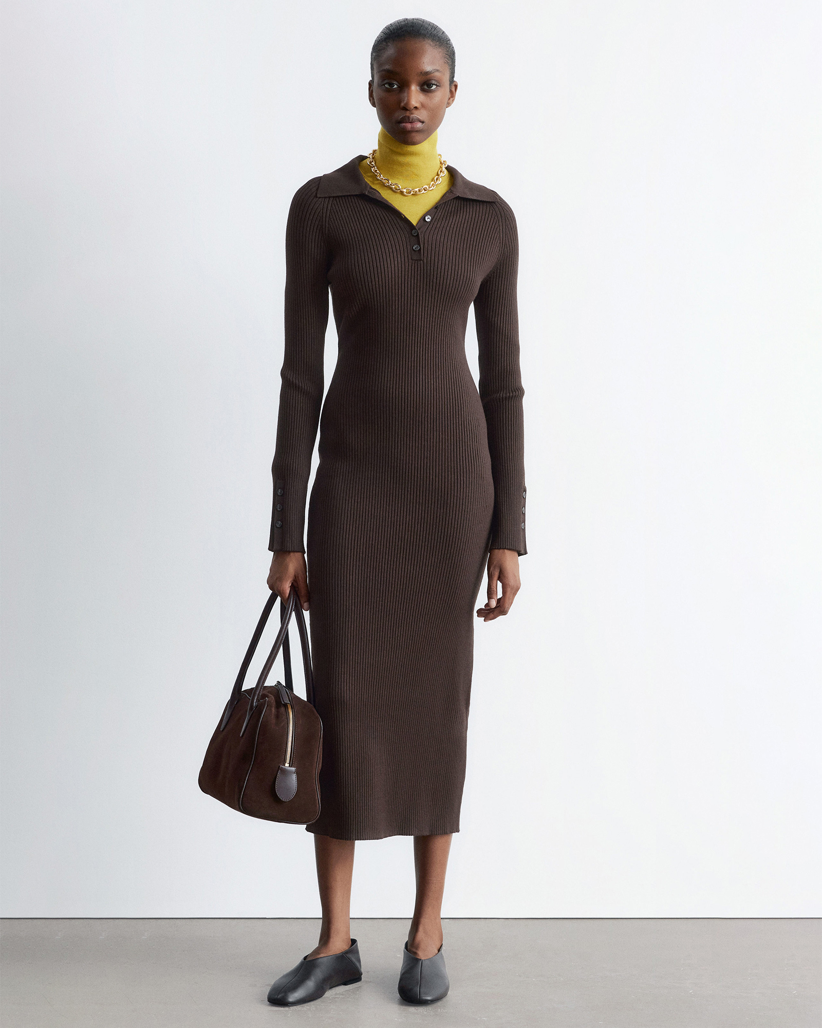Rib-Knit Polo Midi Dress