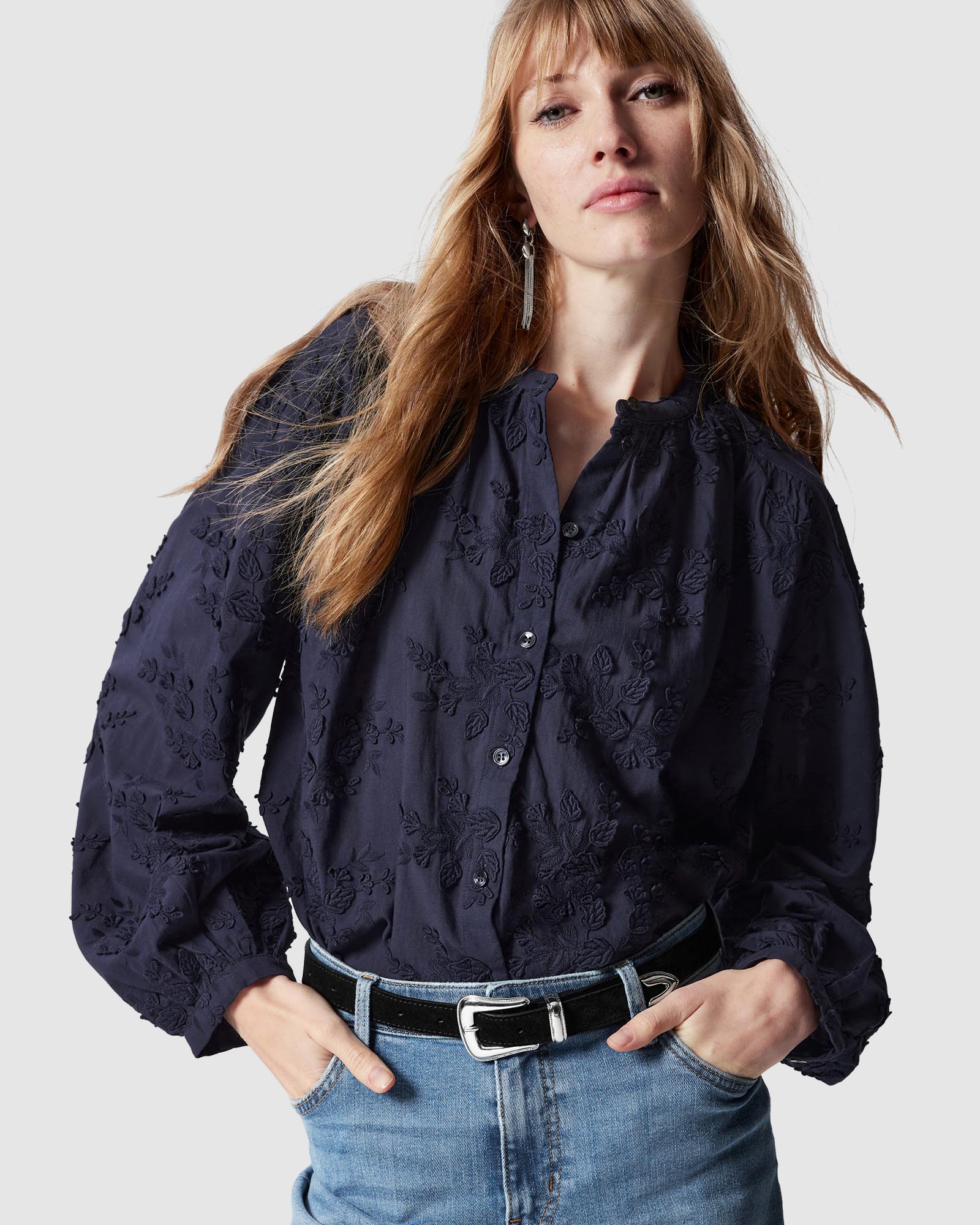 Voluminous Floral-Appliqué Blouse