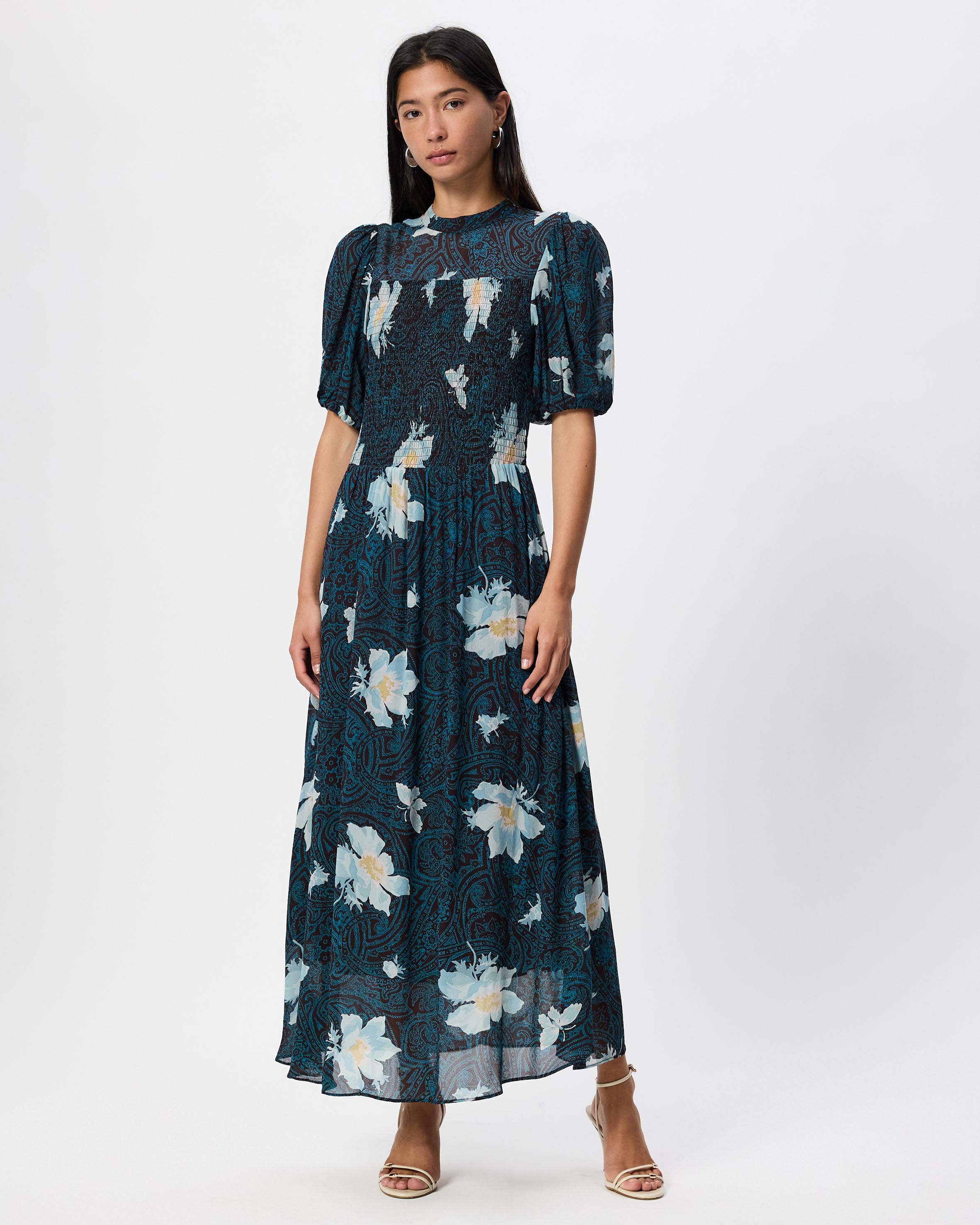 Smocked Puff-Sleeve Midi Dress