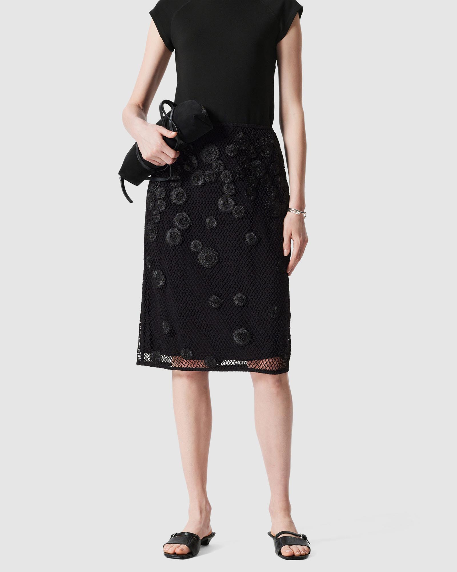 Floral-Appliqué Mesh Midi Skirt