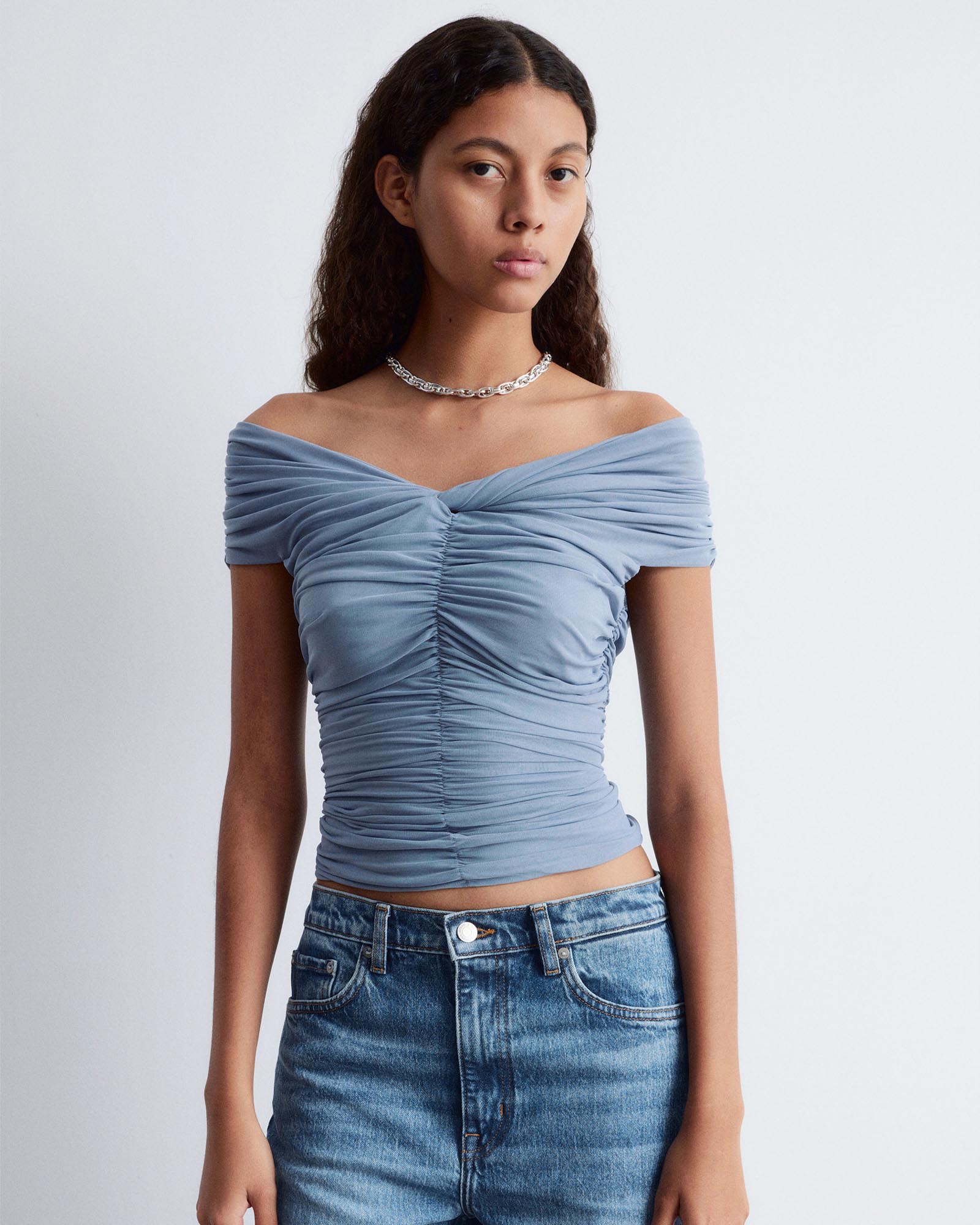 Ruched V-Neck Mesh Top