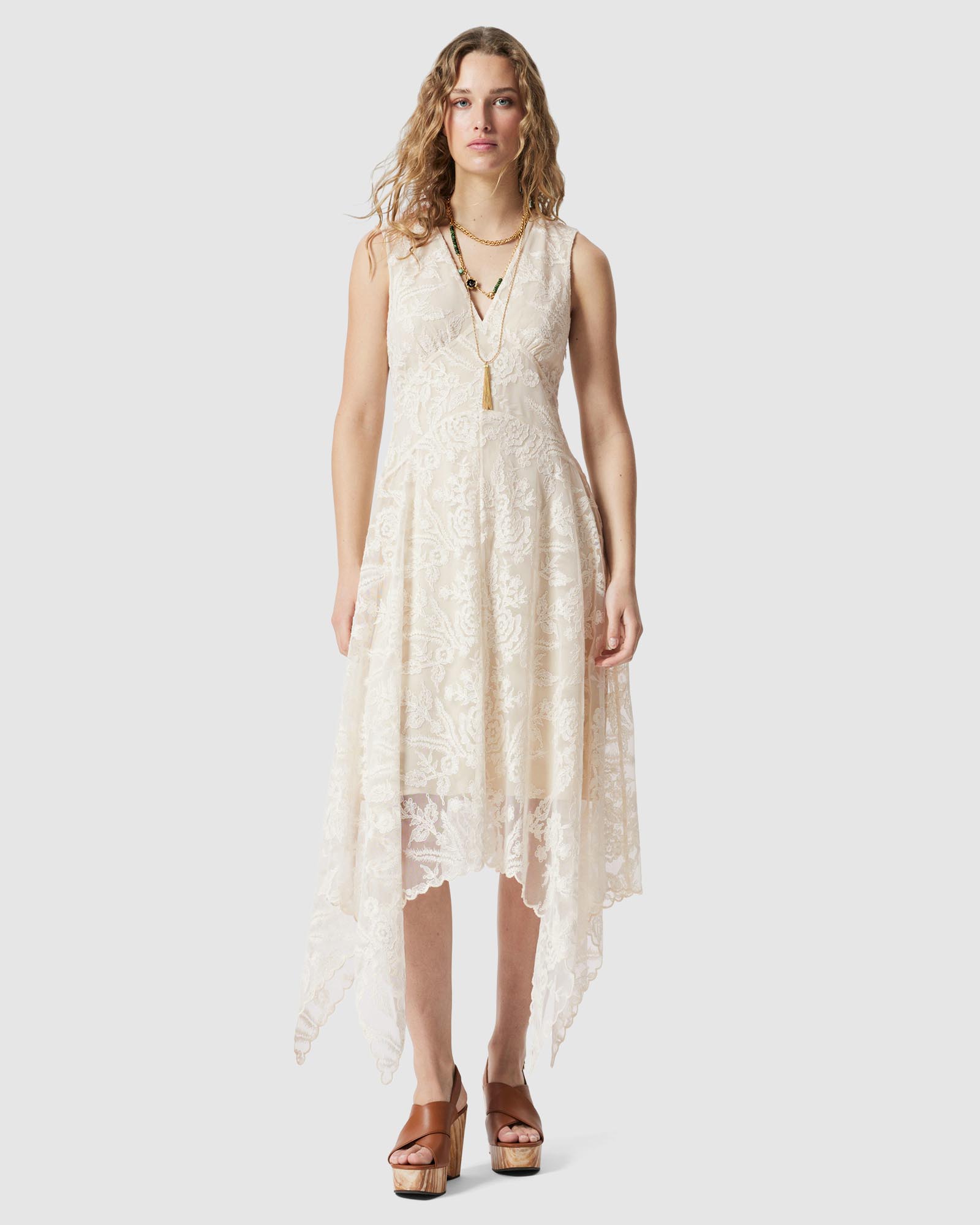 V-Neck Lace Midi Dress