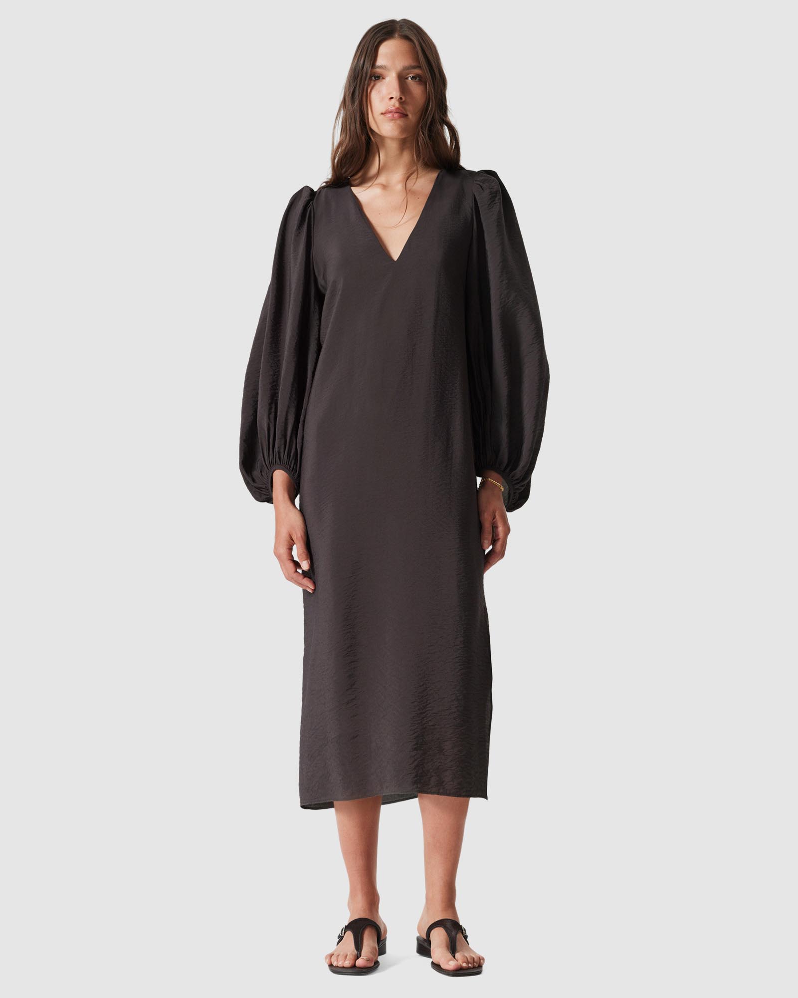 Puff-Sleeve V-Neck Midi Dress