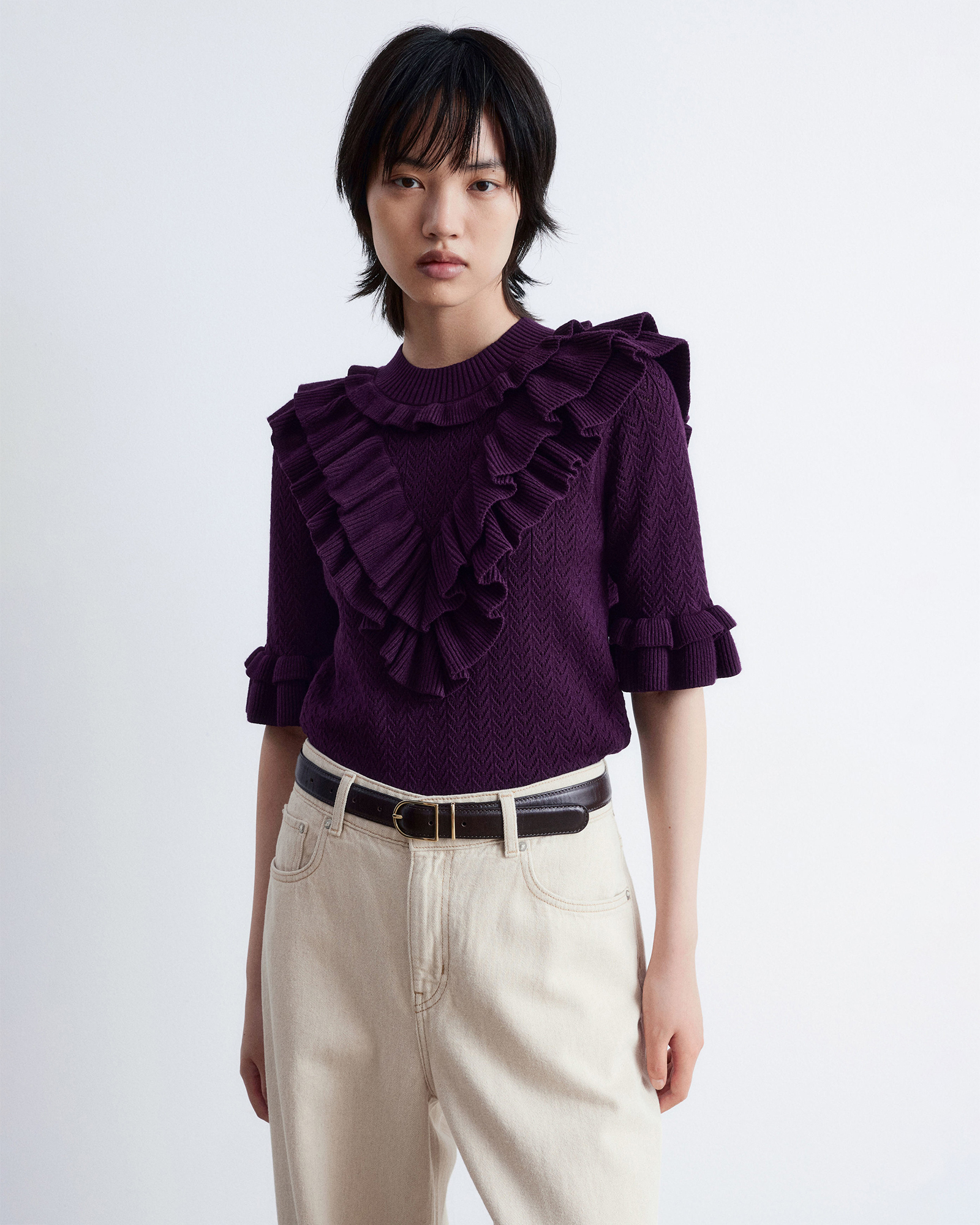 Pointelle-Knit Ruffle Top