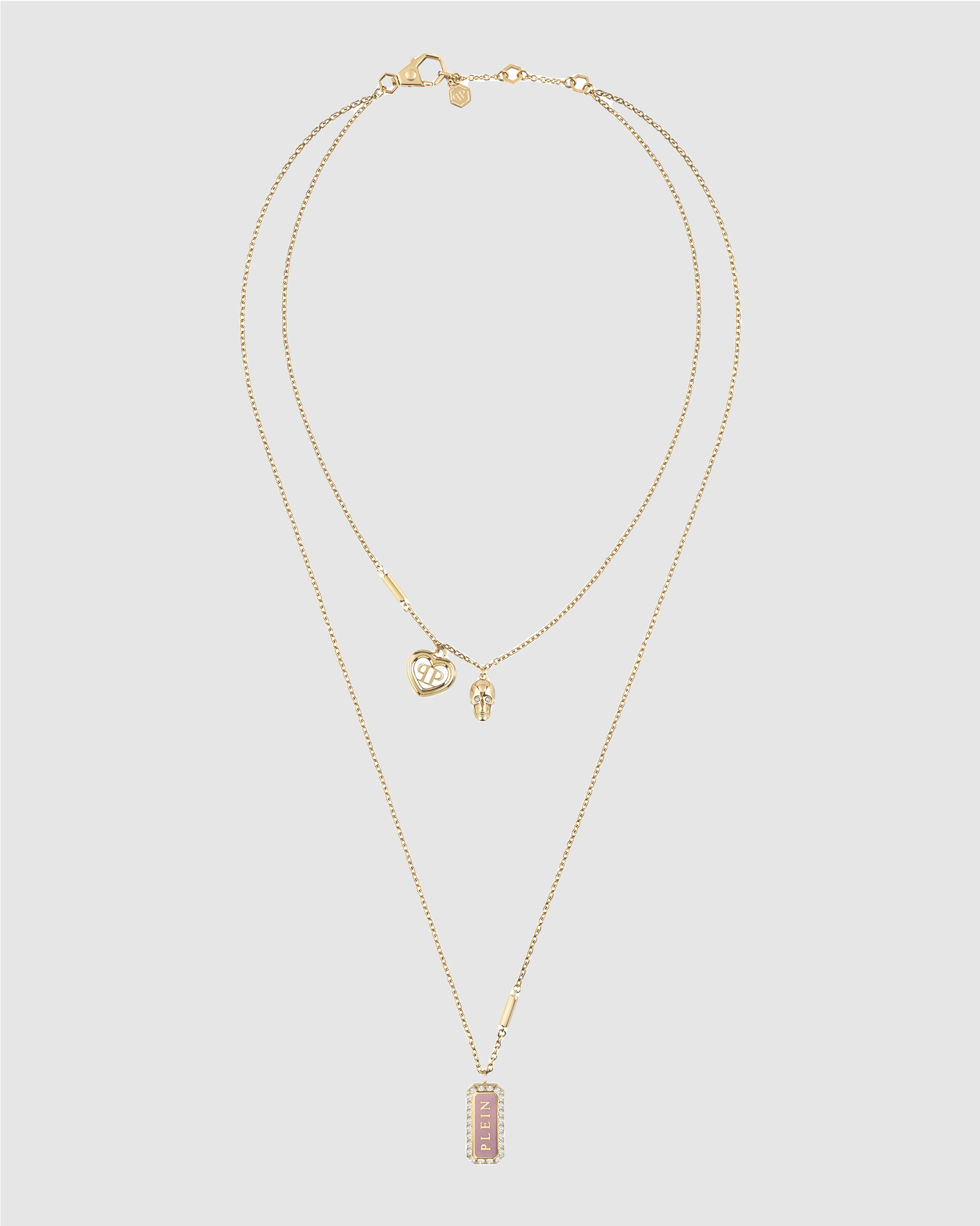 PLEIN CRYSTAL TAG IP Yellow Gold Crystals Double Necklace