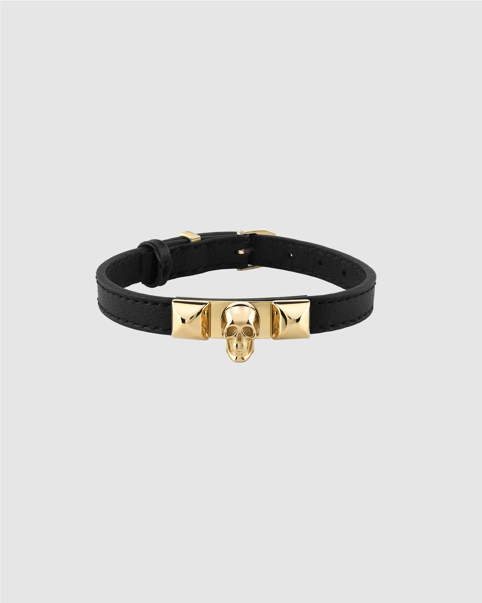 PLEIN ENIGMA IP Yellow Gold Skull Black Leather Bracelet