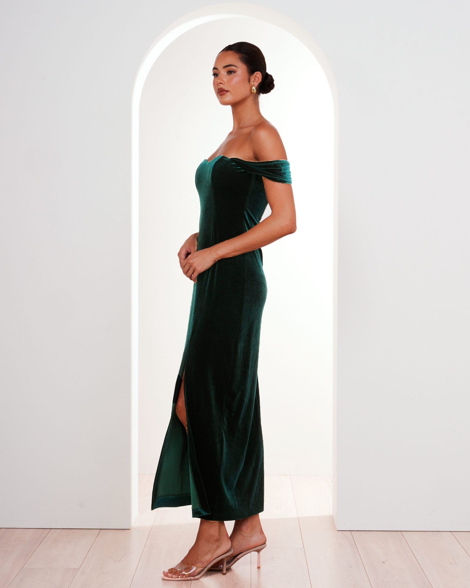 Olive Off Shoulder Velvet Gown