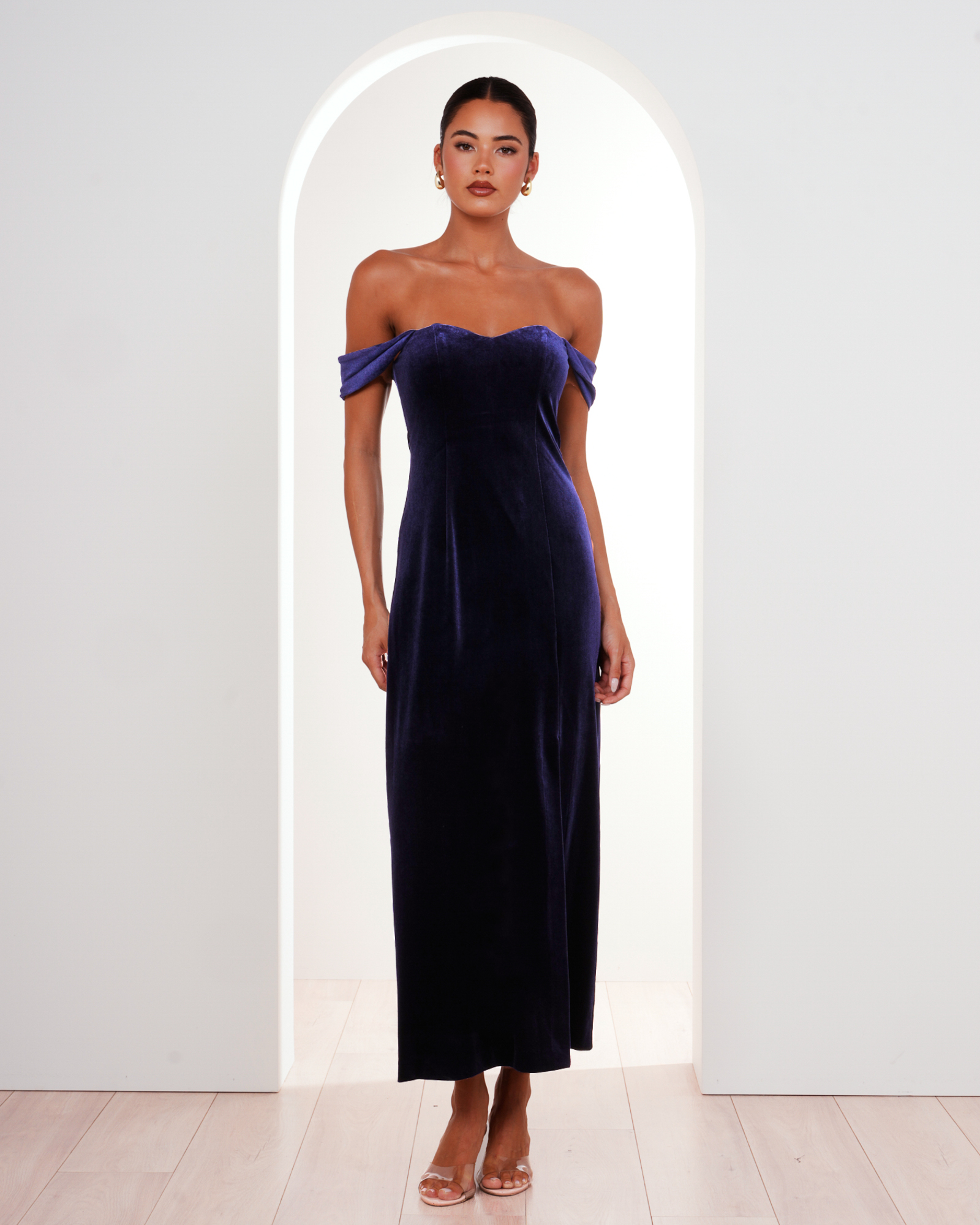 Olive Off Shoulder Velvet Gown
