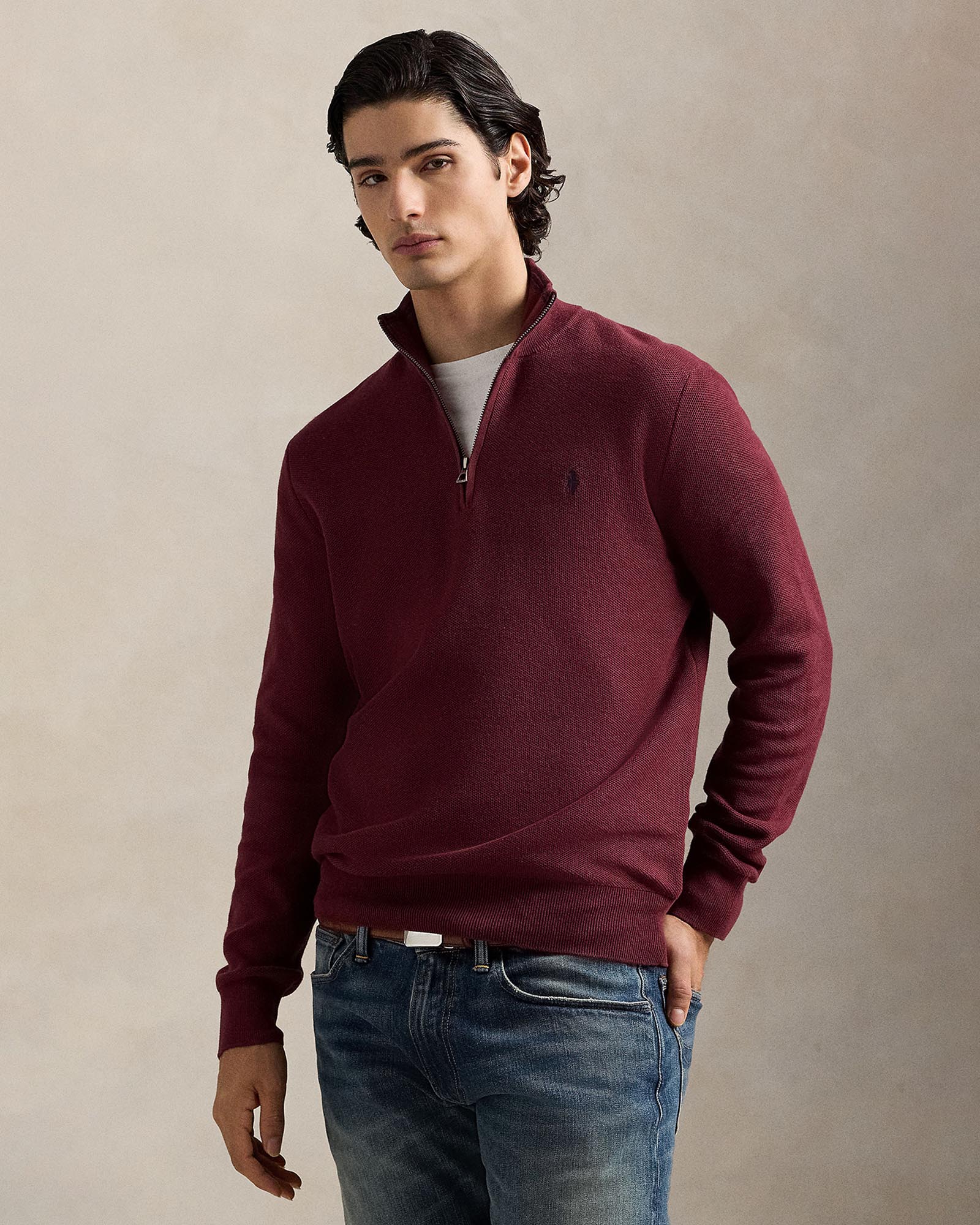 Mesh-Knit Cotton Quarter-Zip Sweater