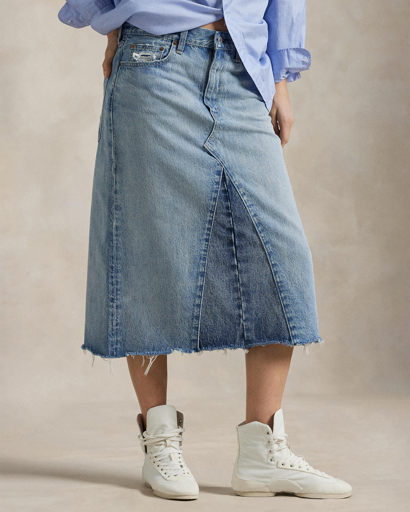 Paneled Denim A-Line Skirt