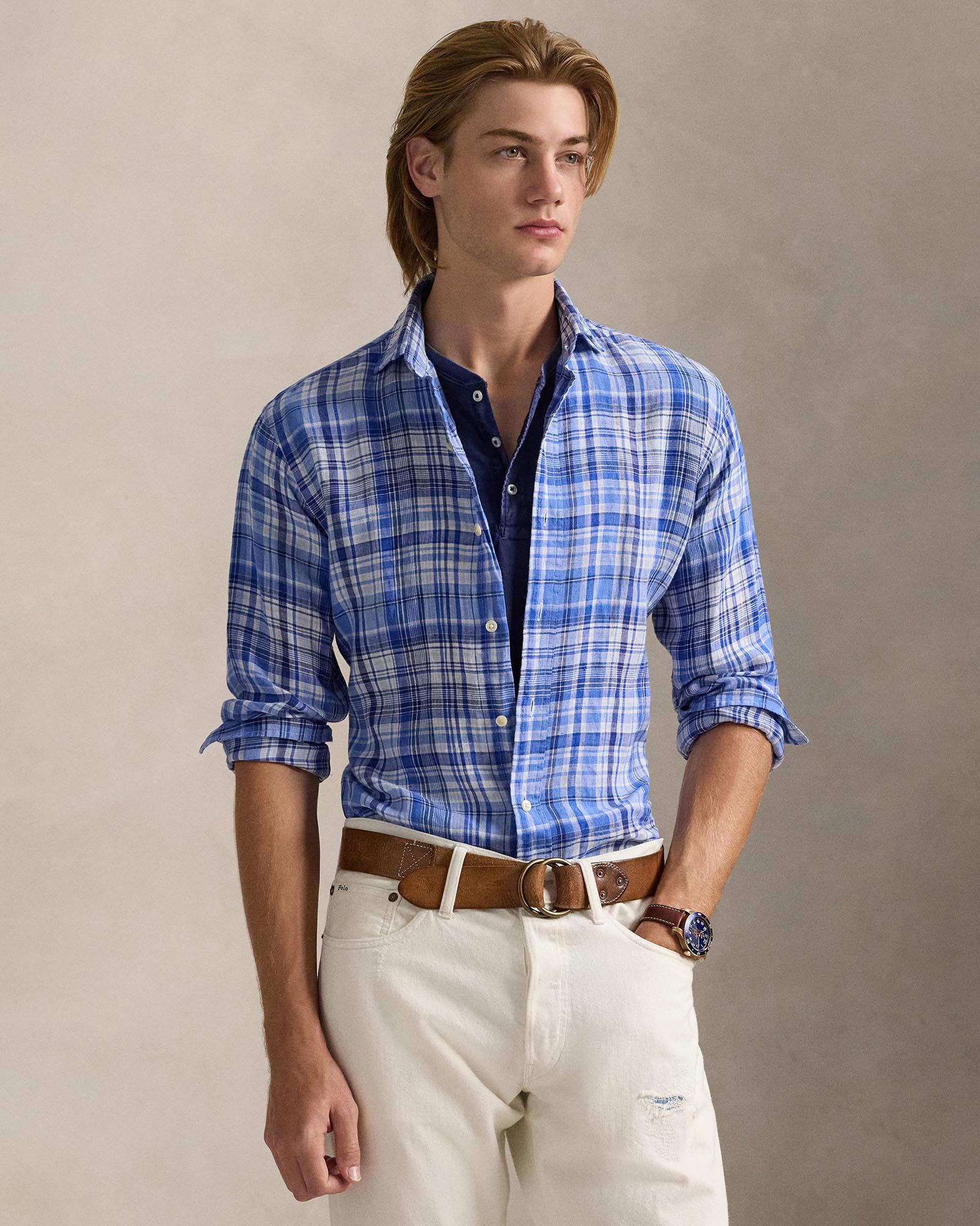 Classic Fit Plaid Linen Shirt