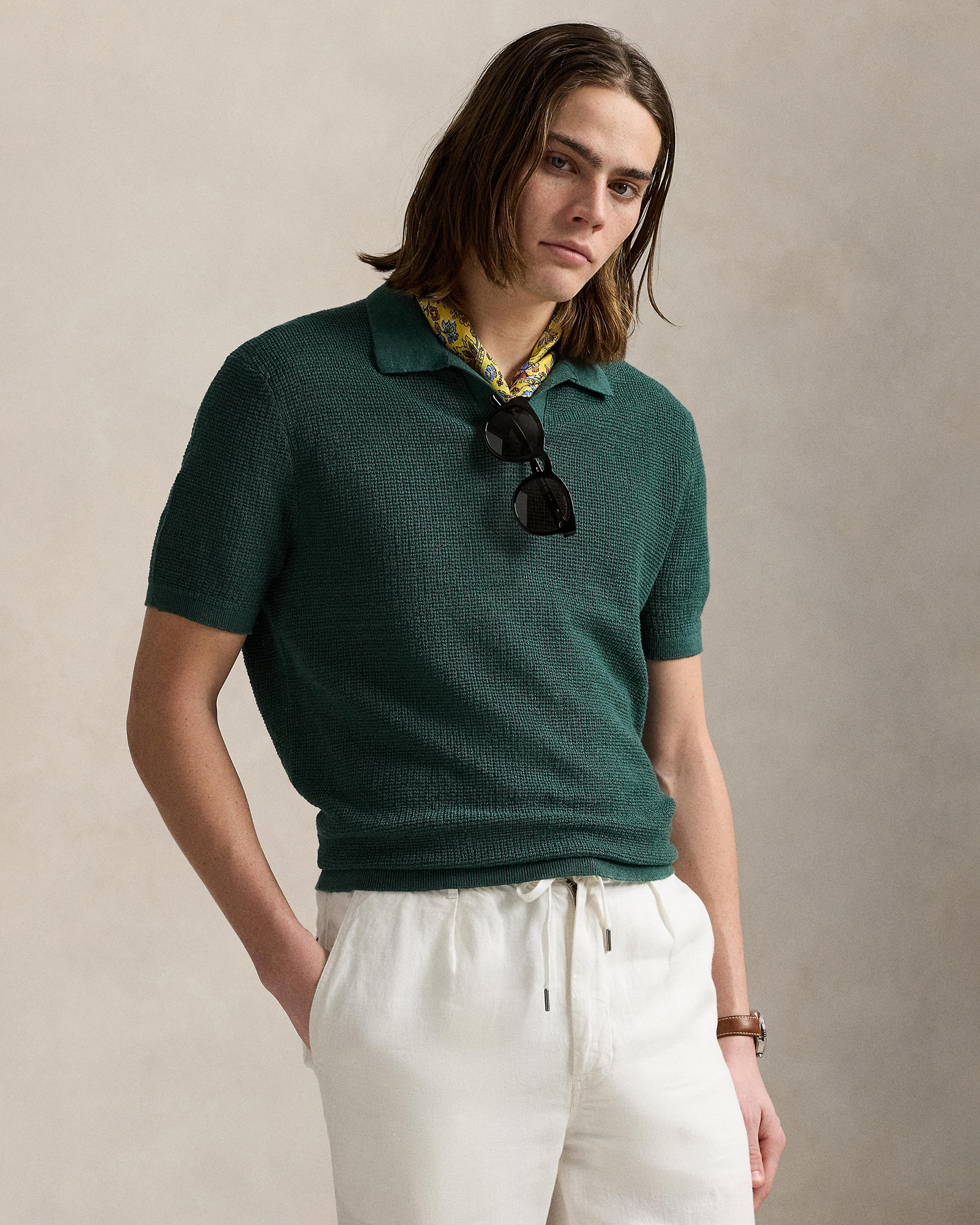 Mesh-Knit Linen Johnny-Collar Sweater