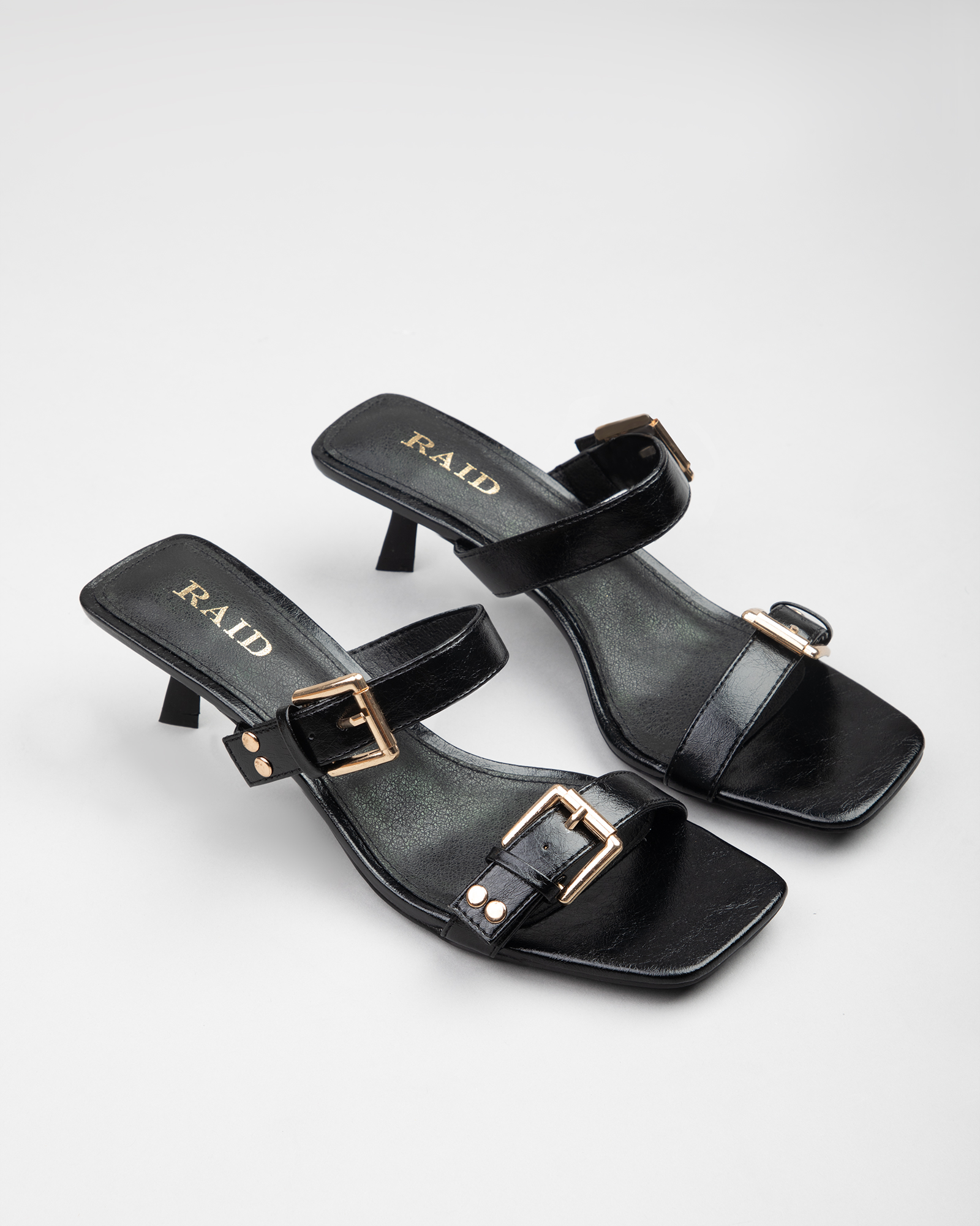 Mesmerize kitten heeled sandals with buckles in black