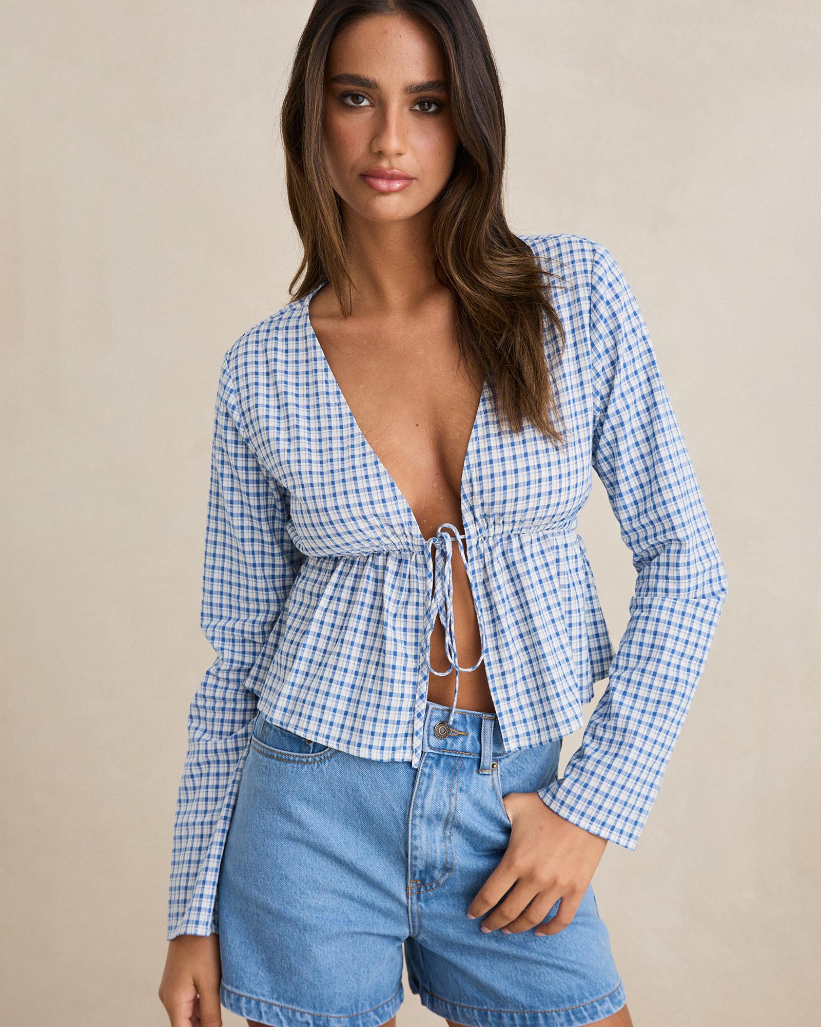 Lola Check Tie Front Long Sleeve Top