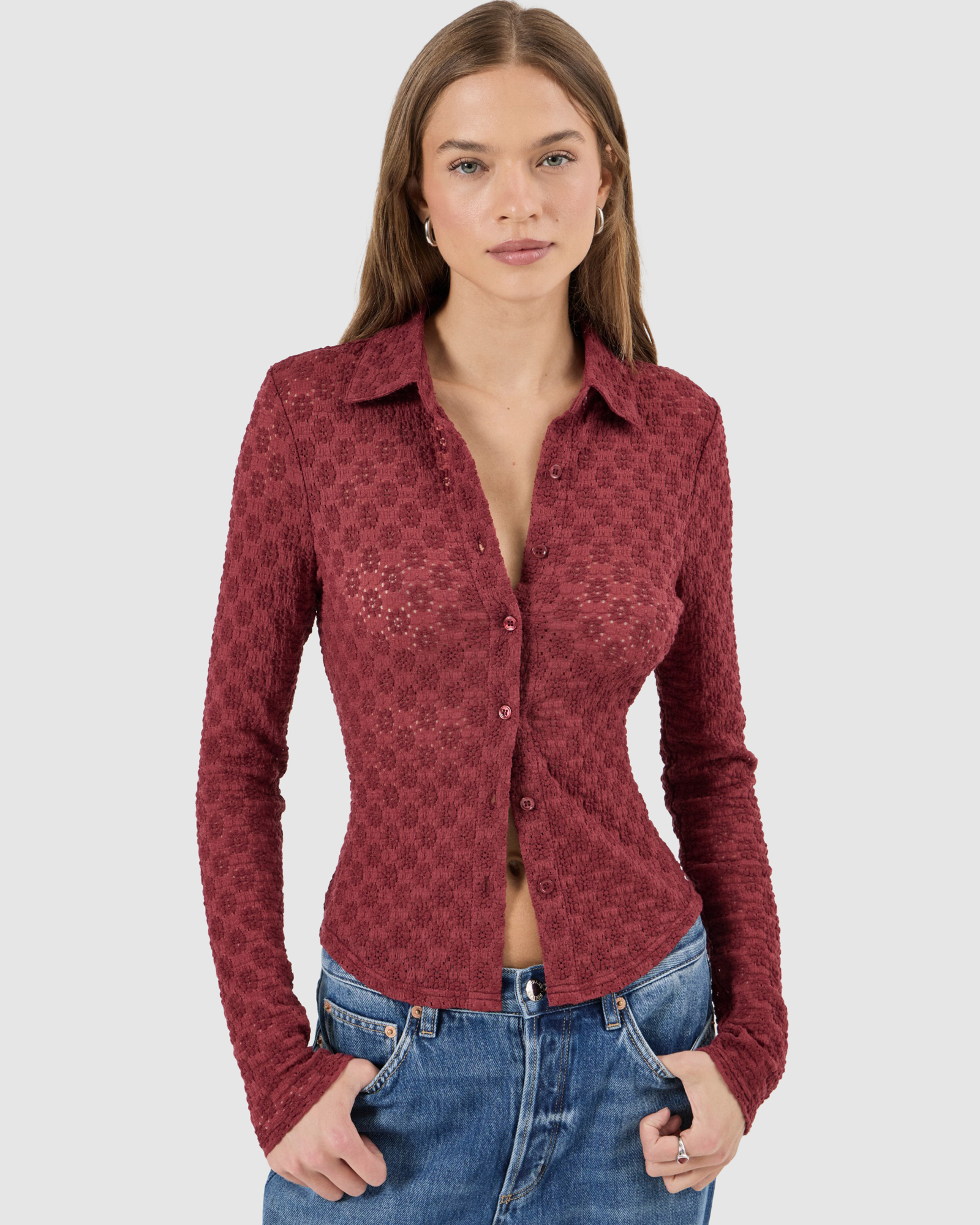 Daisy Lace Long Sleeve Shirt - Dark Cherry