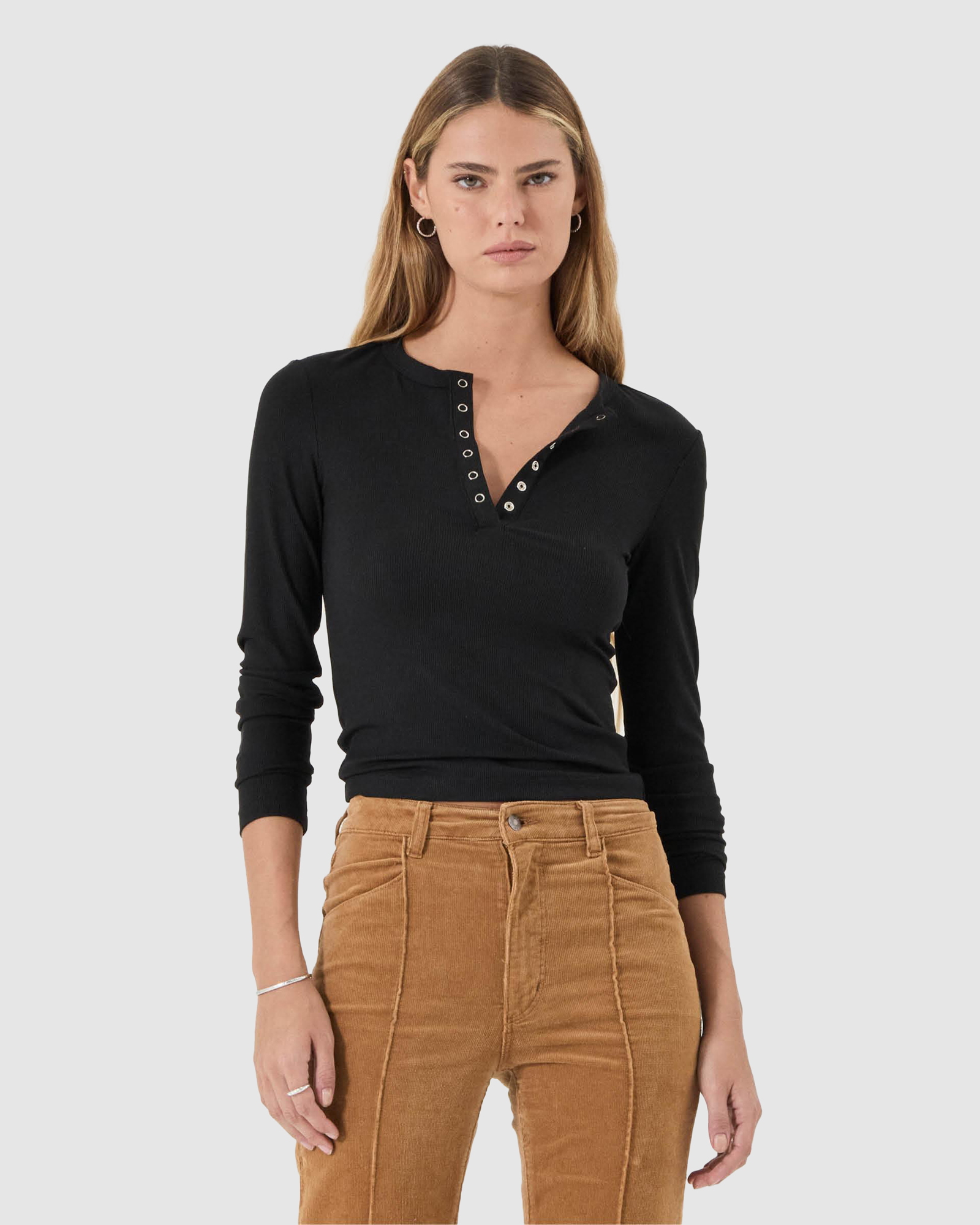 Studio Henley Long Sleeve Top - Black
