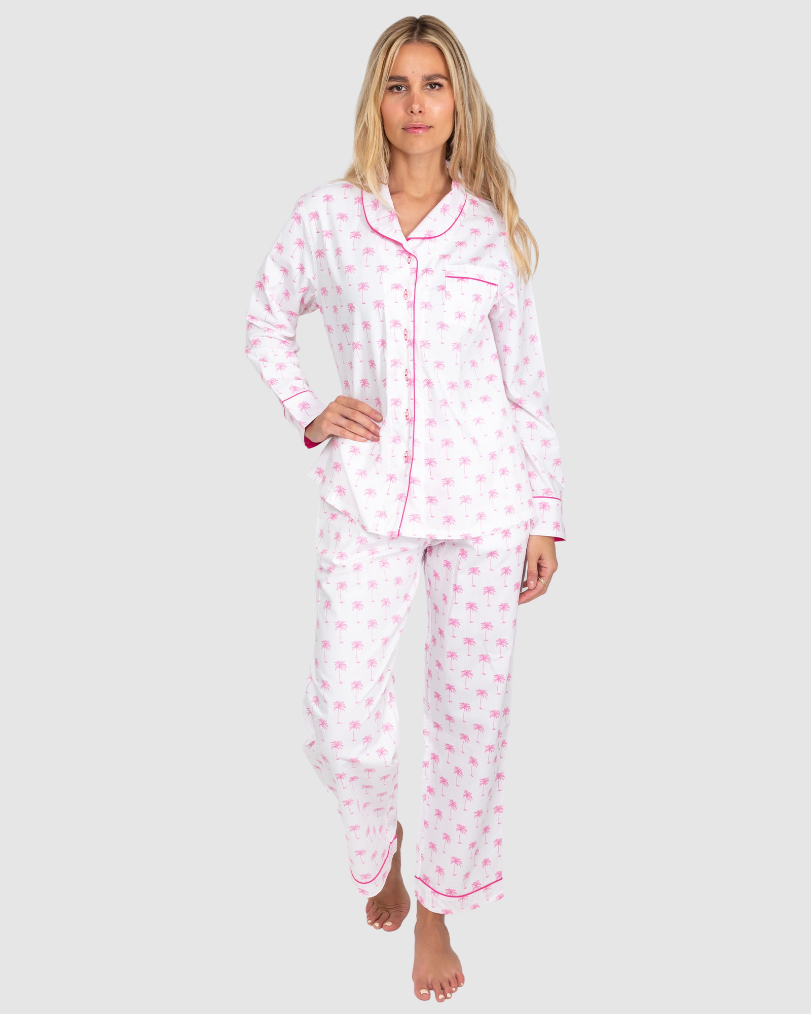Women's Pink Palm Tree Long Sleeve Pajama Set
