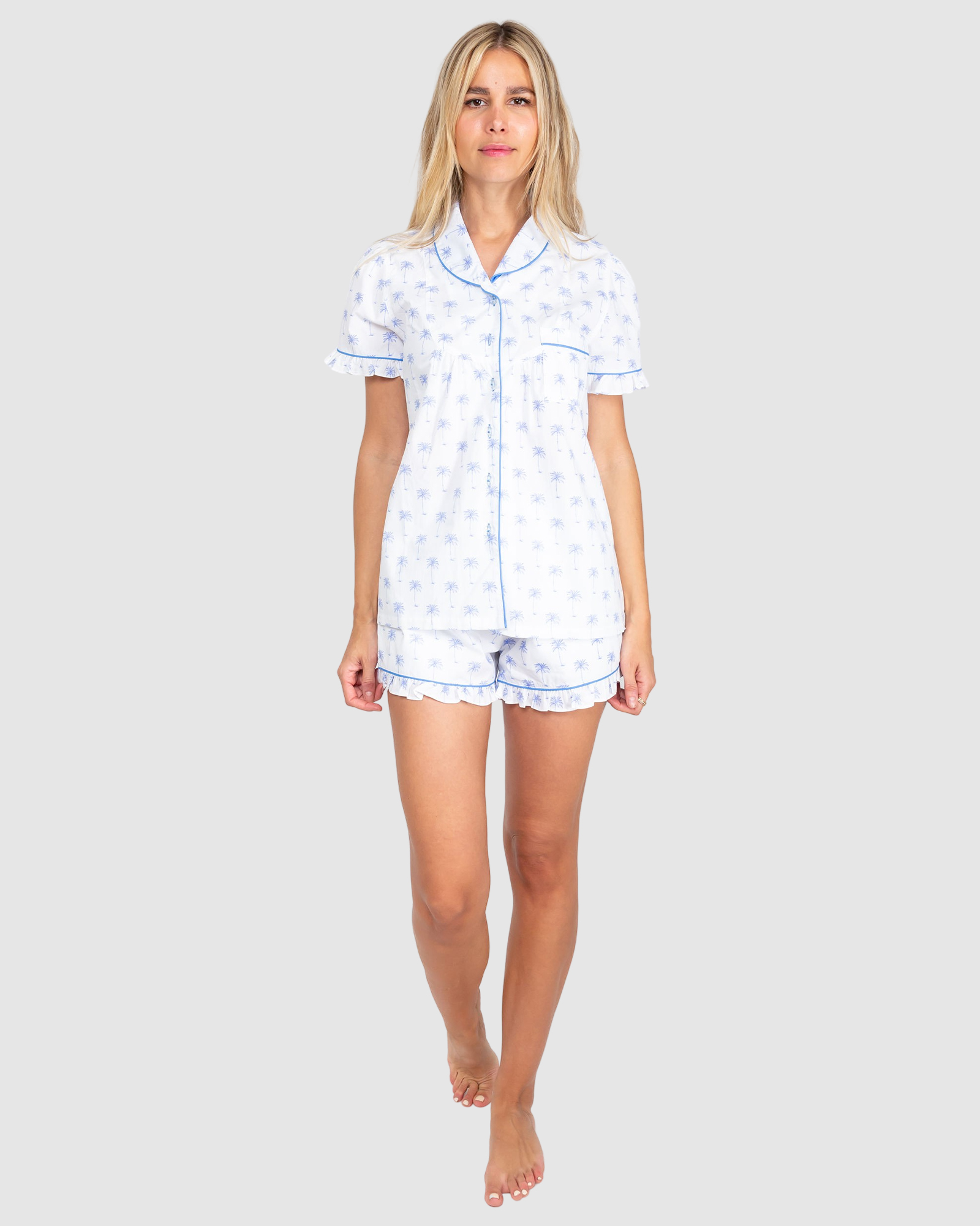Women's Blue Palm Tree Short Sleeve Pajama Set