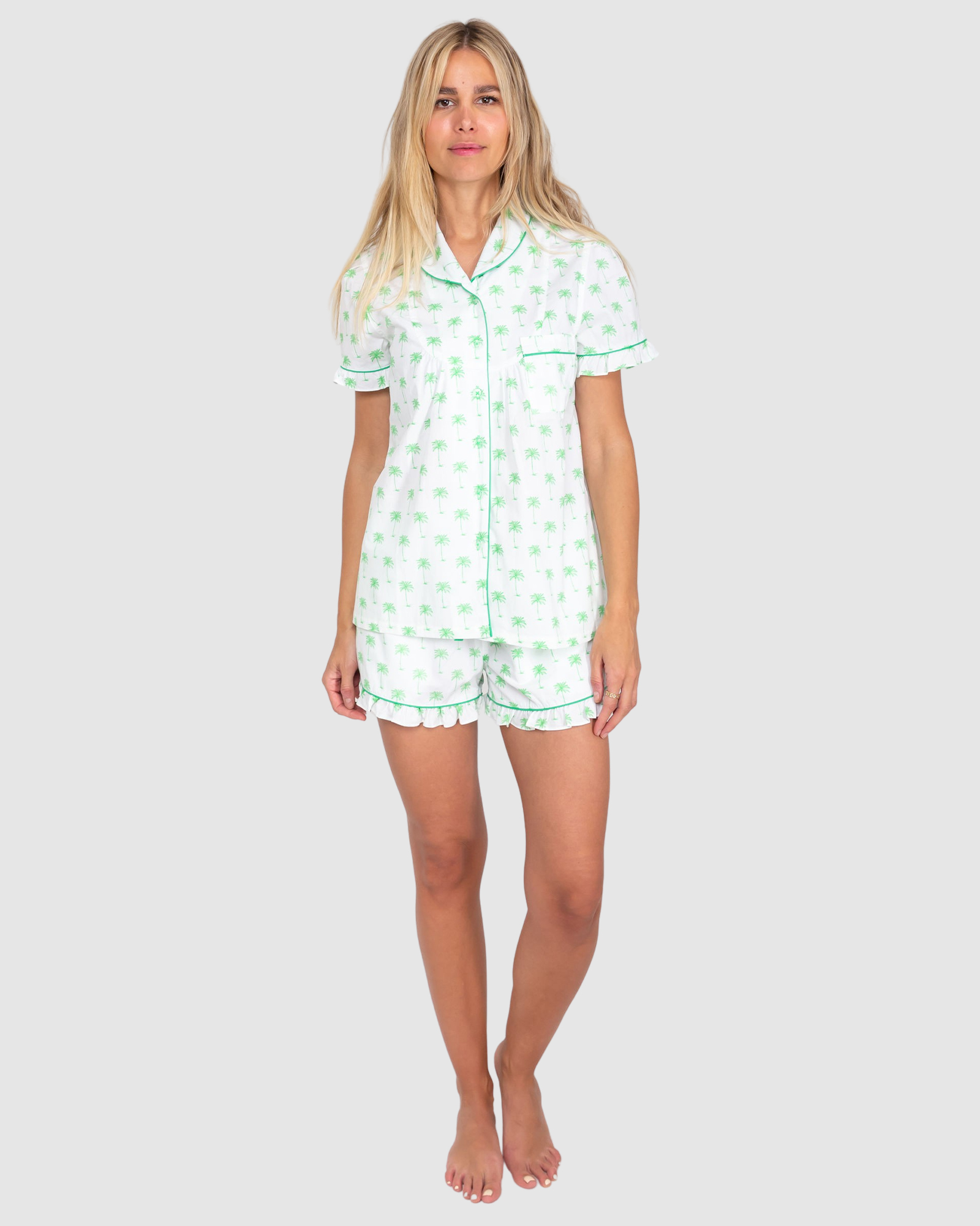 Women's Green Palm Tree Short Sleeve Pajama Set