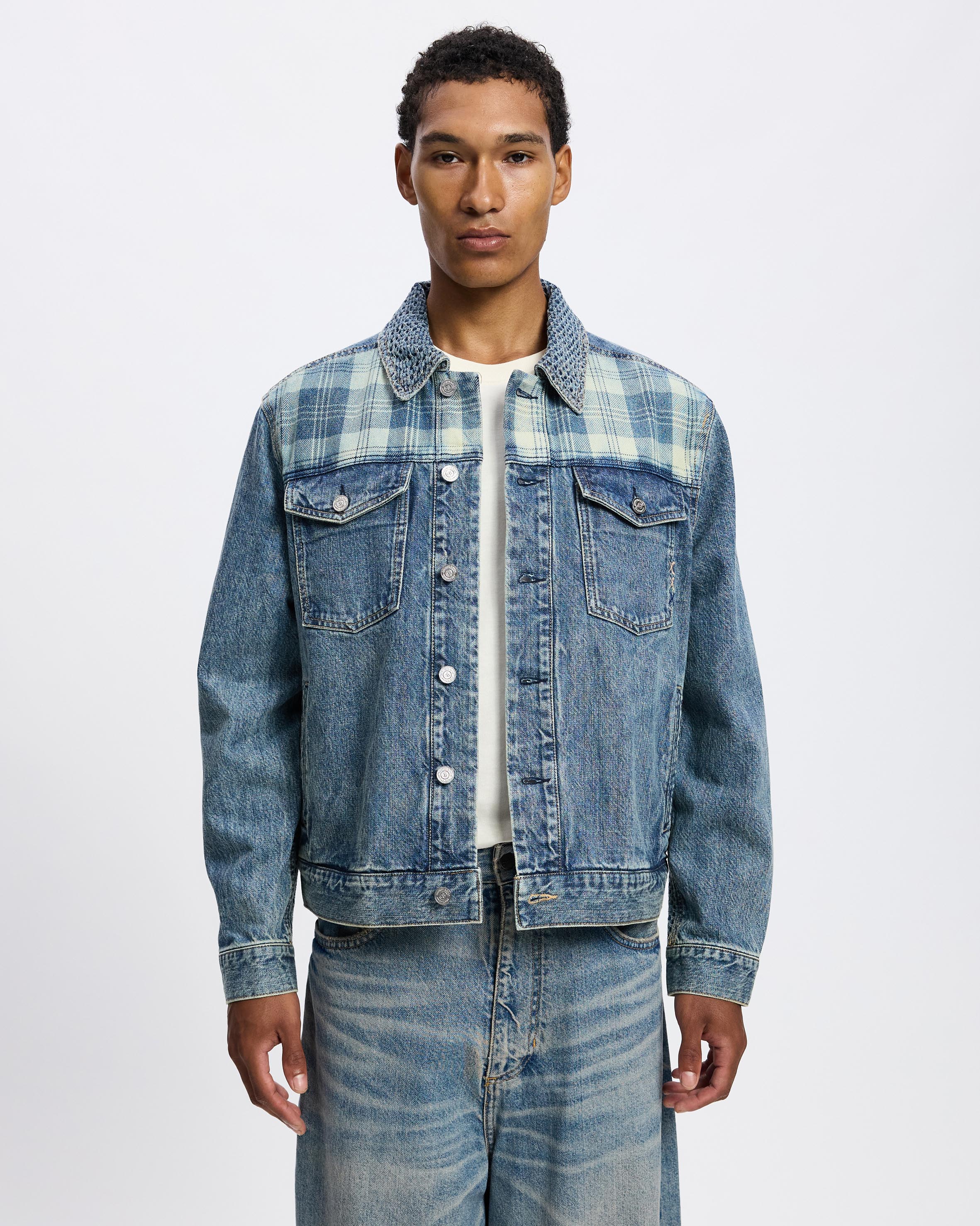 Denim Trucker Jacket With Contrast Check Panelling