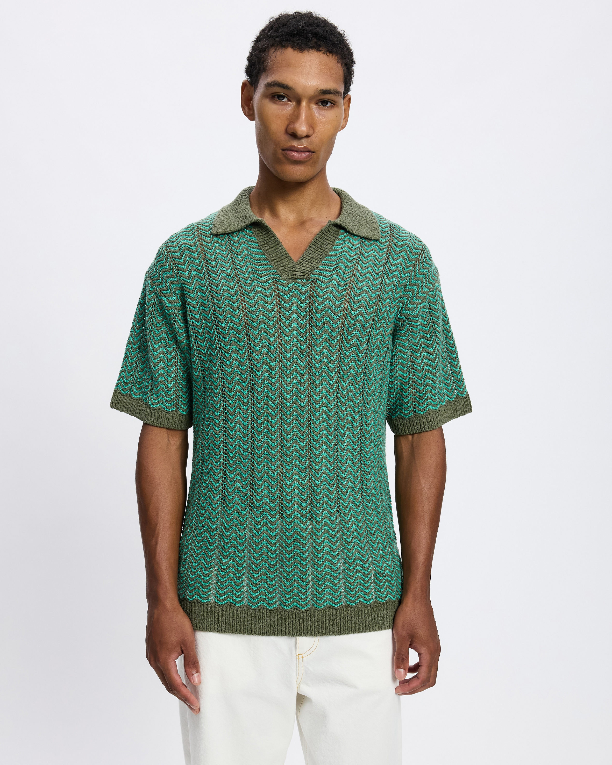 Open Structured Knitted V-Neck Polo