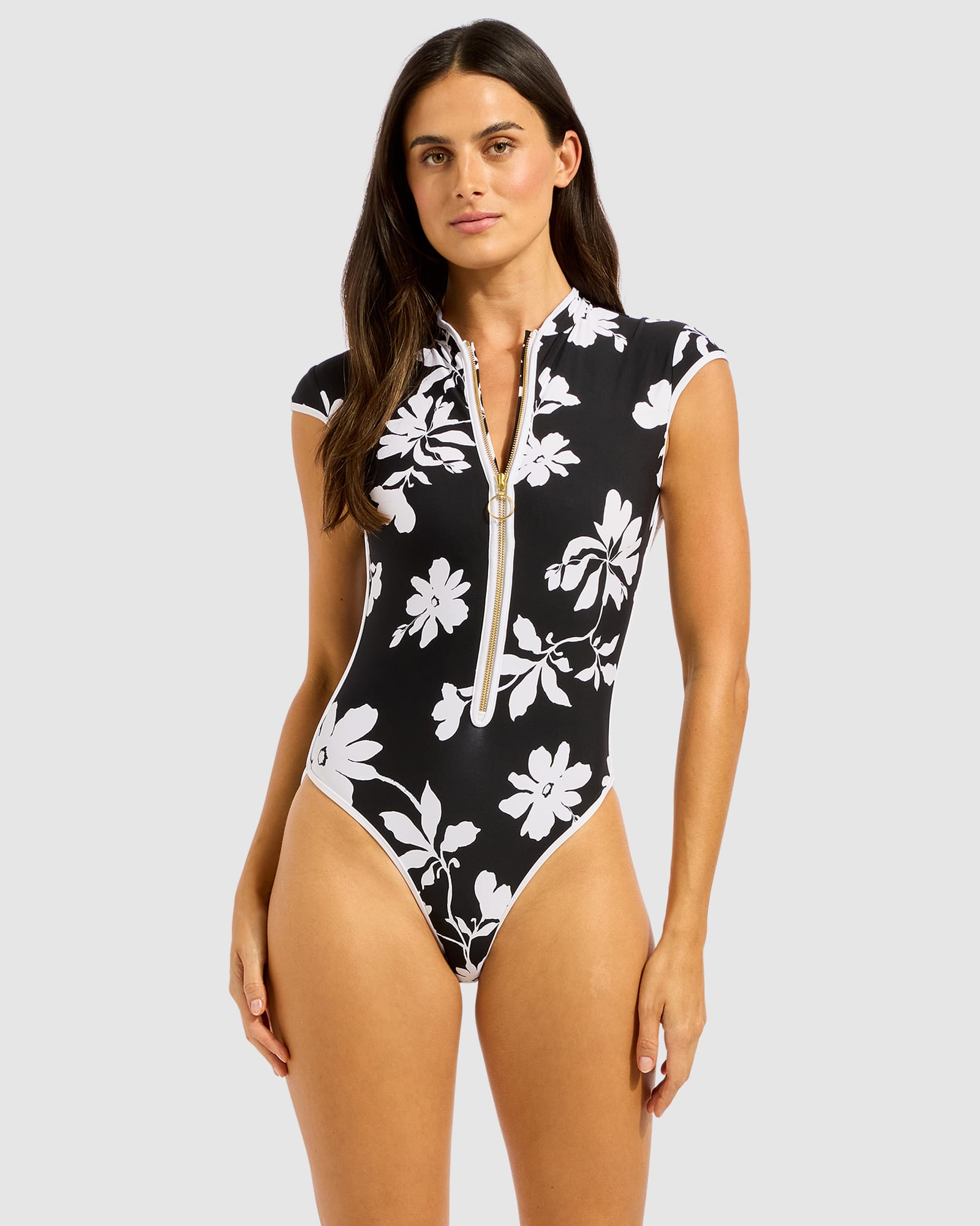 Mayflower Cap Sleeve Zip Front One Piece Swimsuit