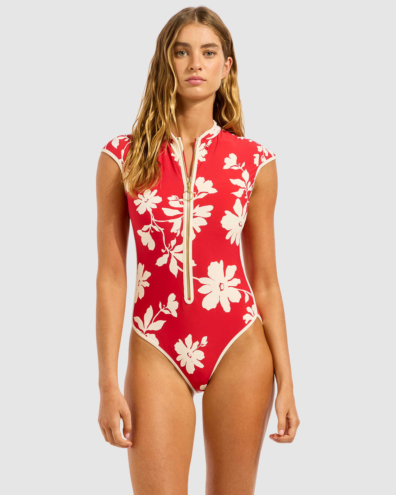 Mayflower Cap Sleeve Zip Front One Piece Swimsuit