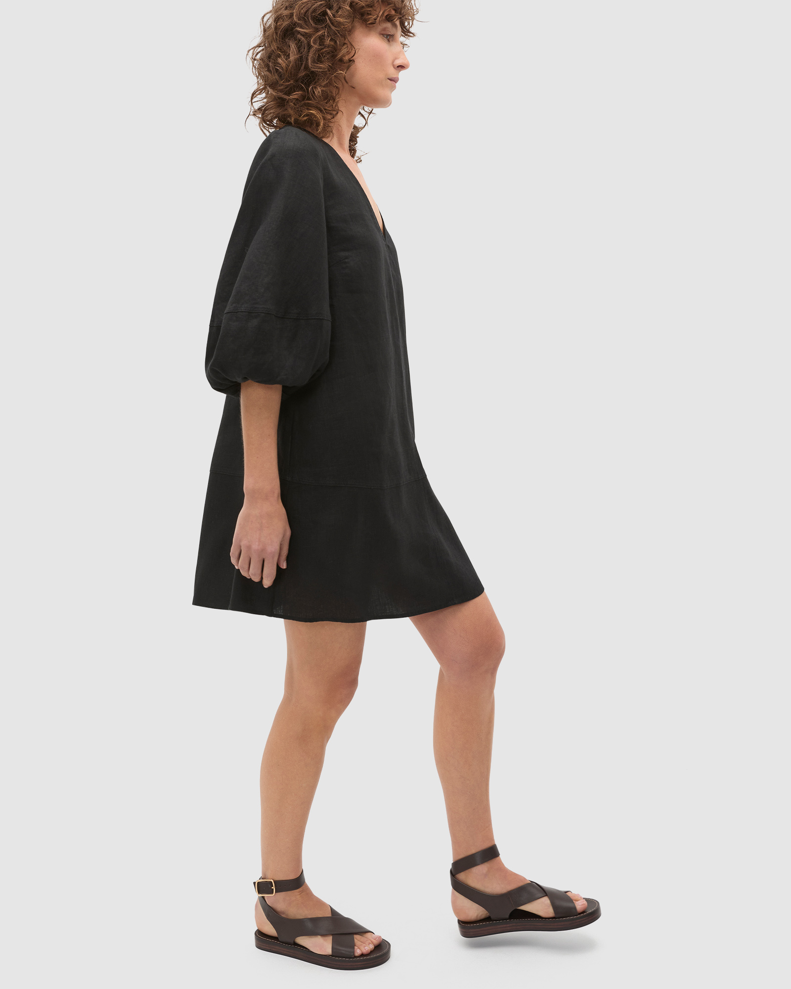 Linen V Neck Seam Detail Mini Dress