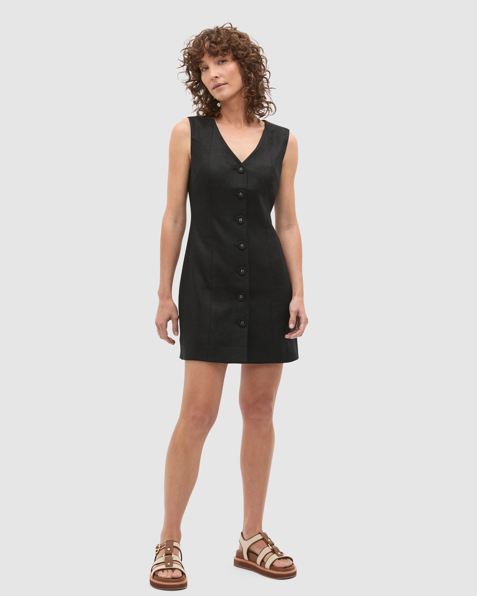 Linen V Neck Button Mini Dress