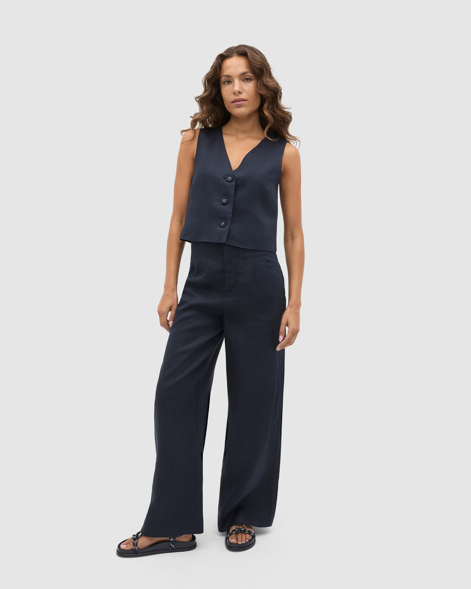 Linen V Neck Button Shell