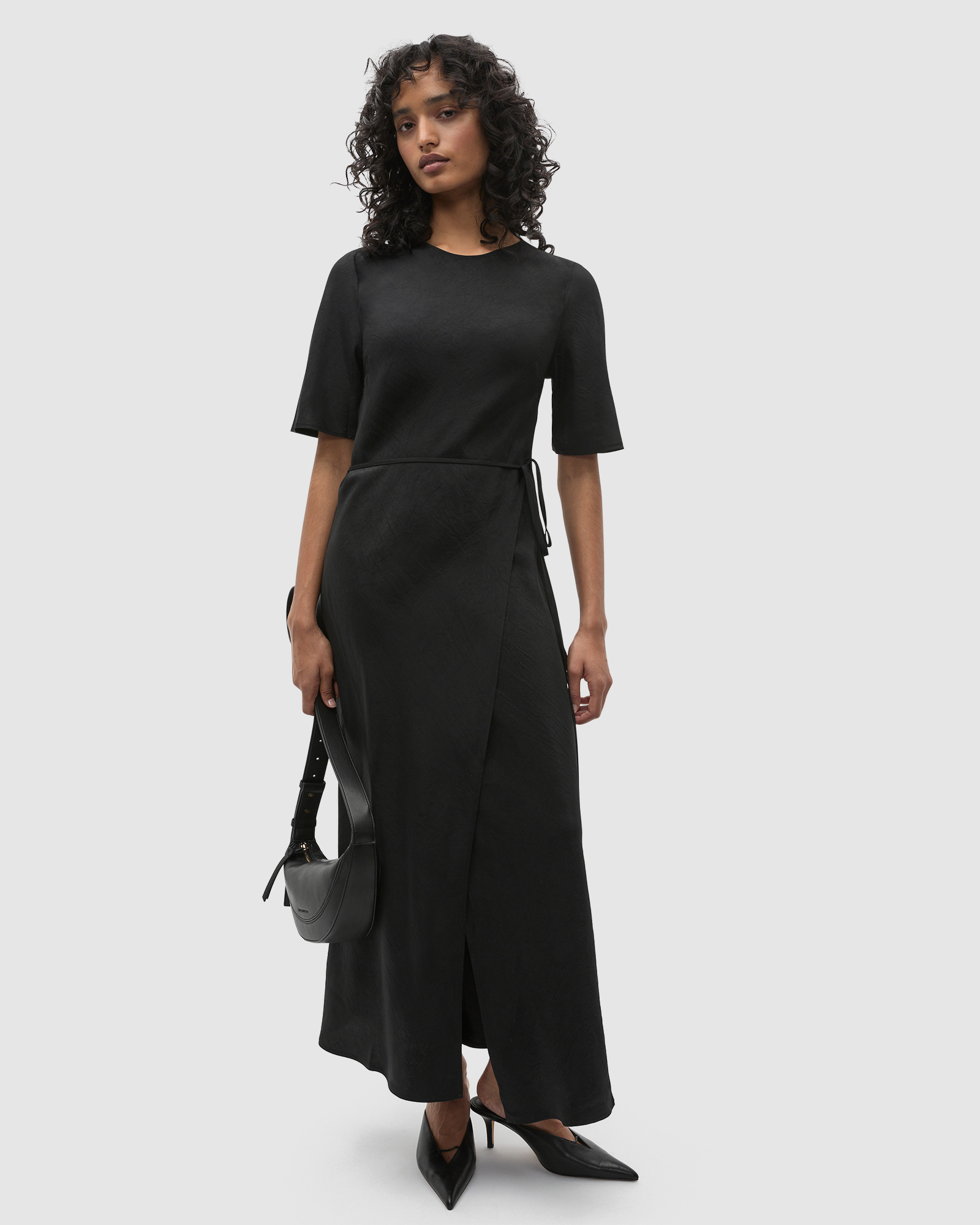 Crinkle Satin Wrap Dress