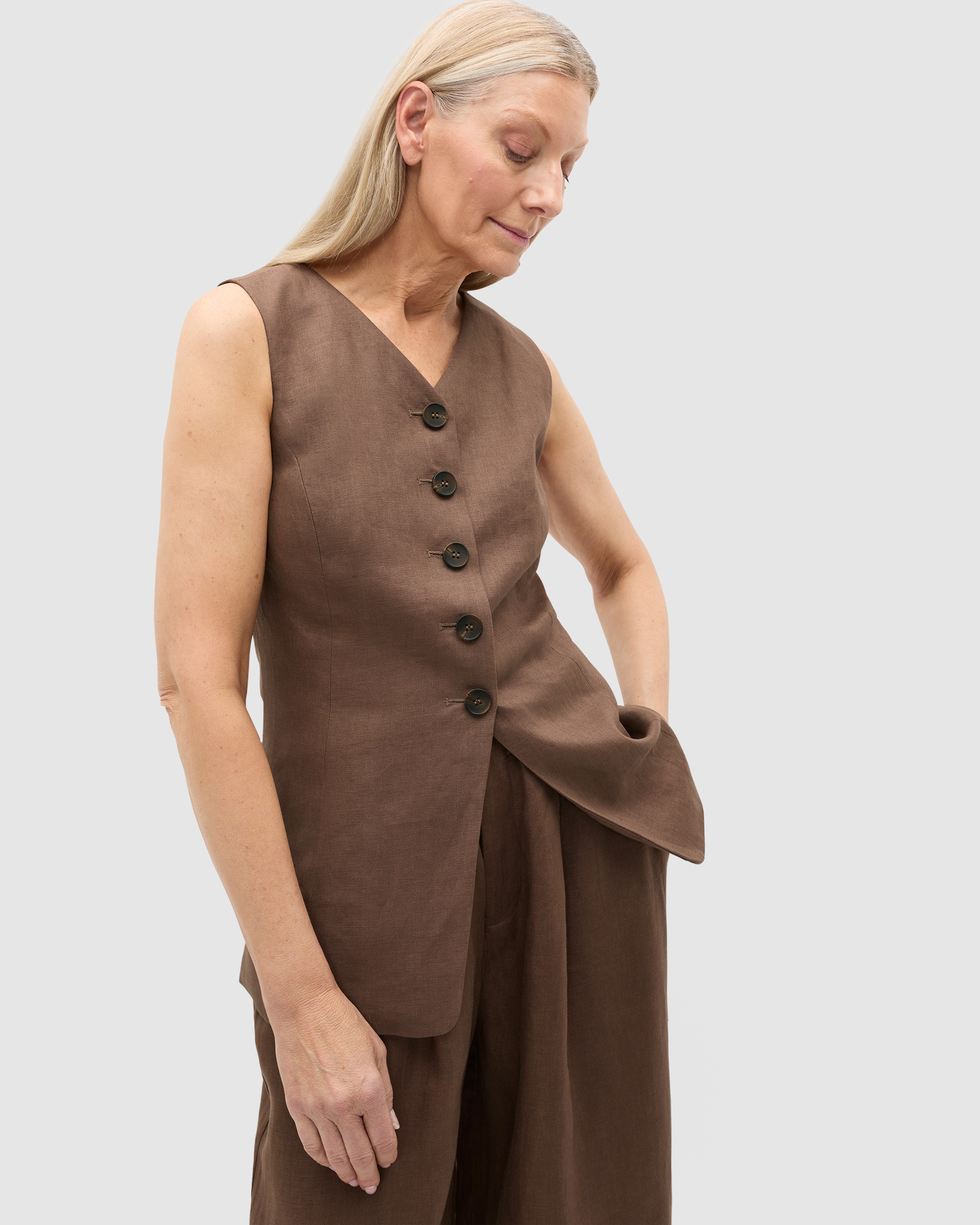 Linen Longline Button Vest