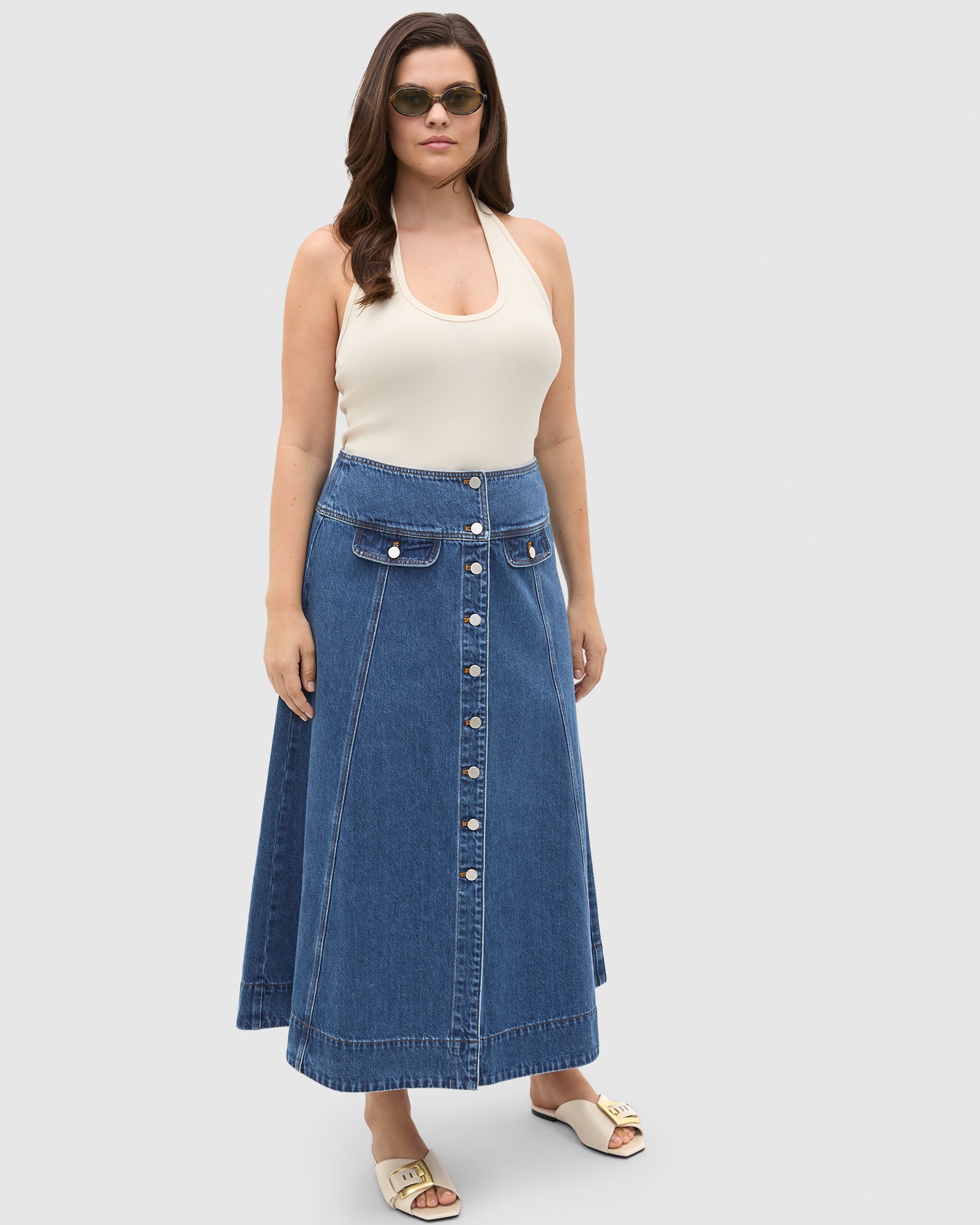 Denim Button Through Swing Skirt