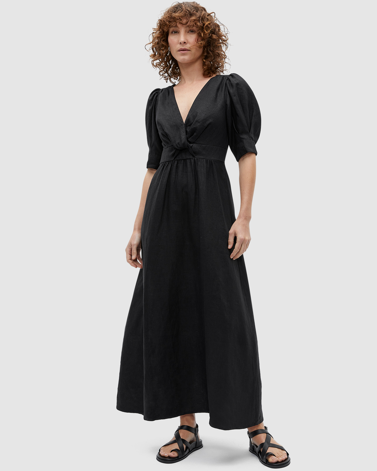 Linen Twist Front Midi Dress