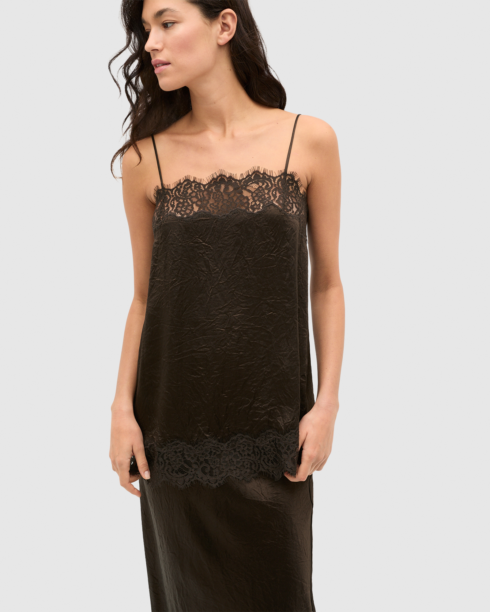 Crinkled Satin Lace Square Neck Cami