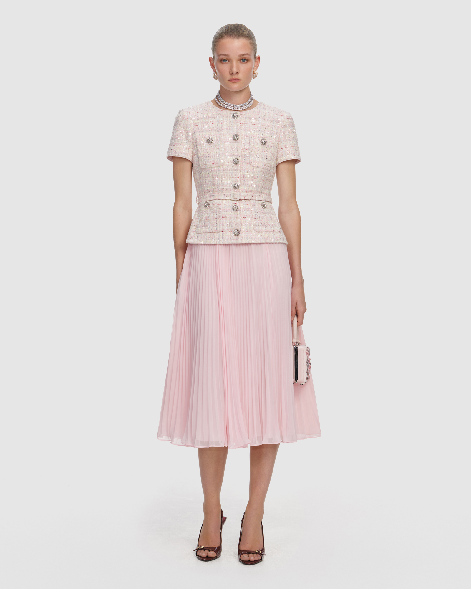Pink Sequin Boucle Tailored Midi Dress