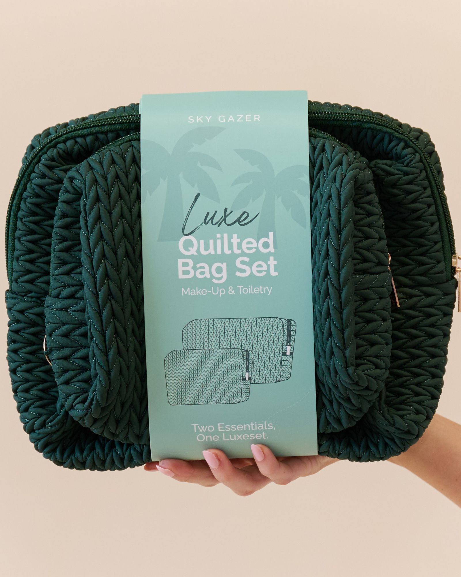 Luxe Quilted Make-Up & Toiletry Bag Set (Hunter Green)