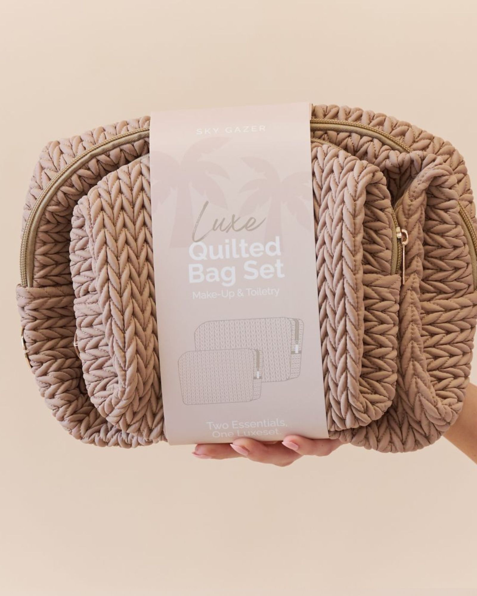 Luxe Quilted Make-Up & Toiletry Bag Set (Dark Beige)