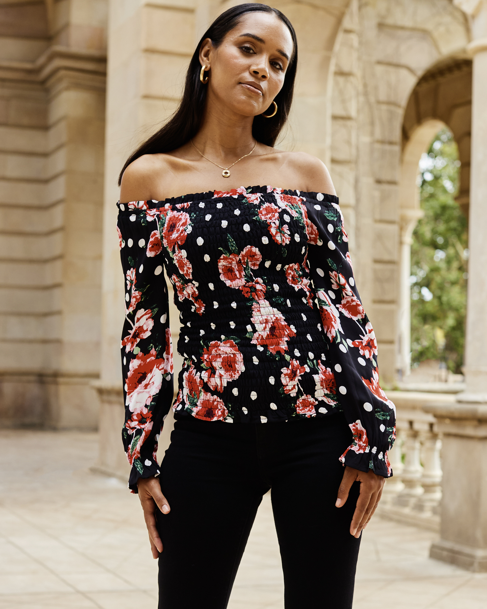 Floral Print Shirred Body Bardot Top