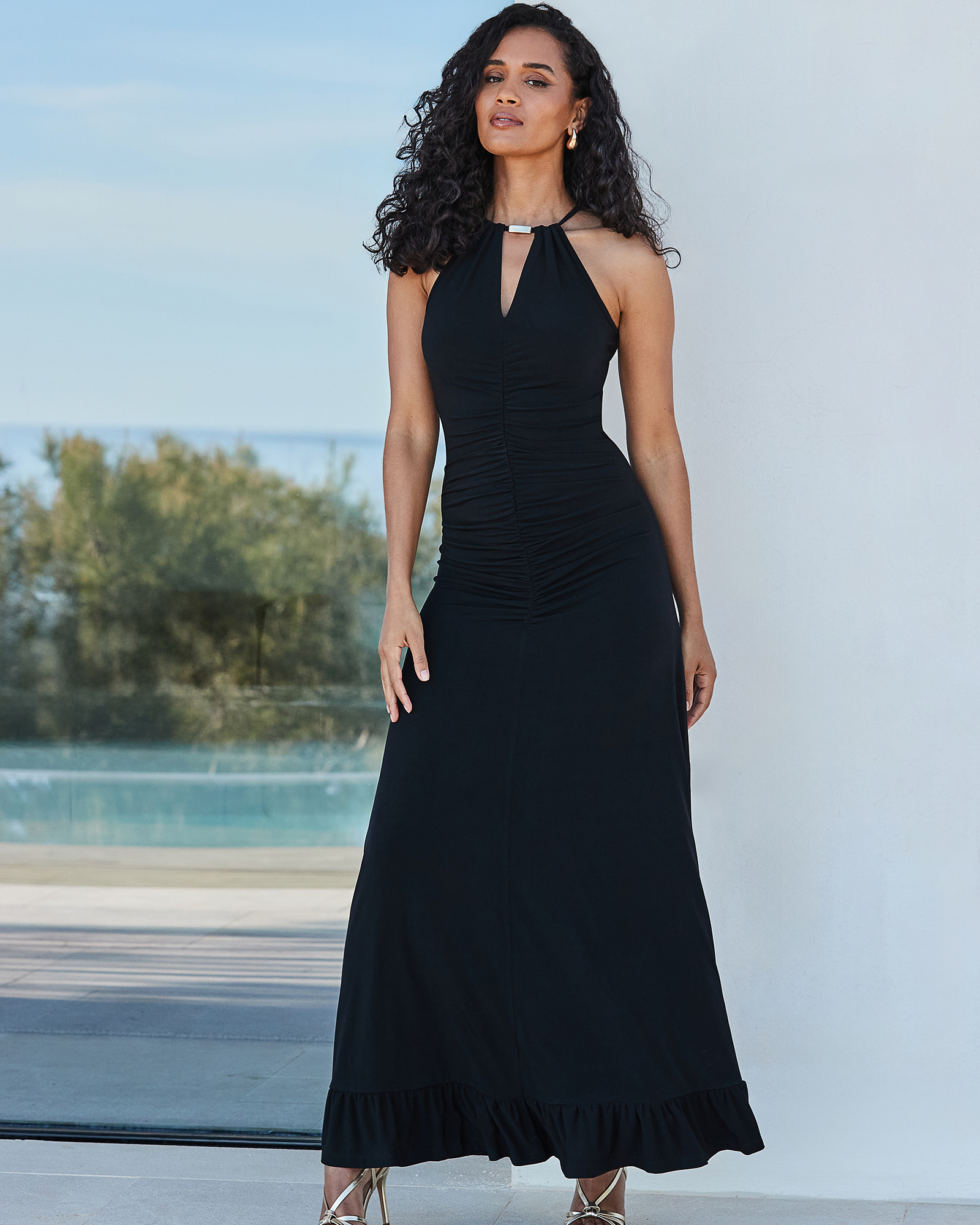Ruched Front Halter Neck Jersey Maxi Dress