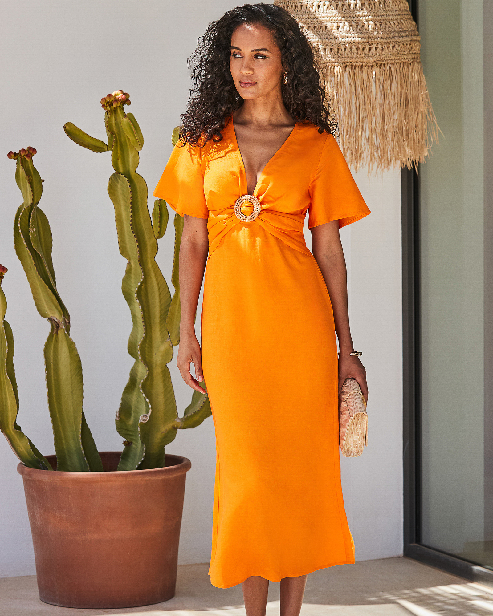 Plunge Linen Midi Dress